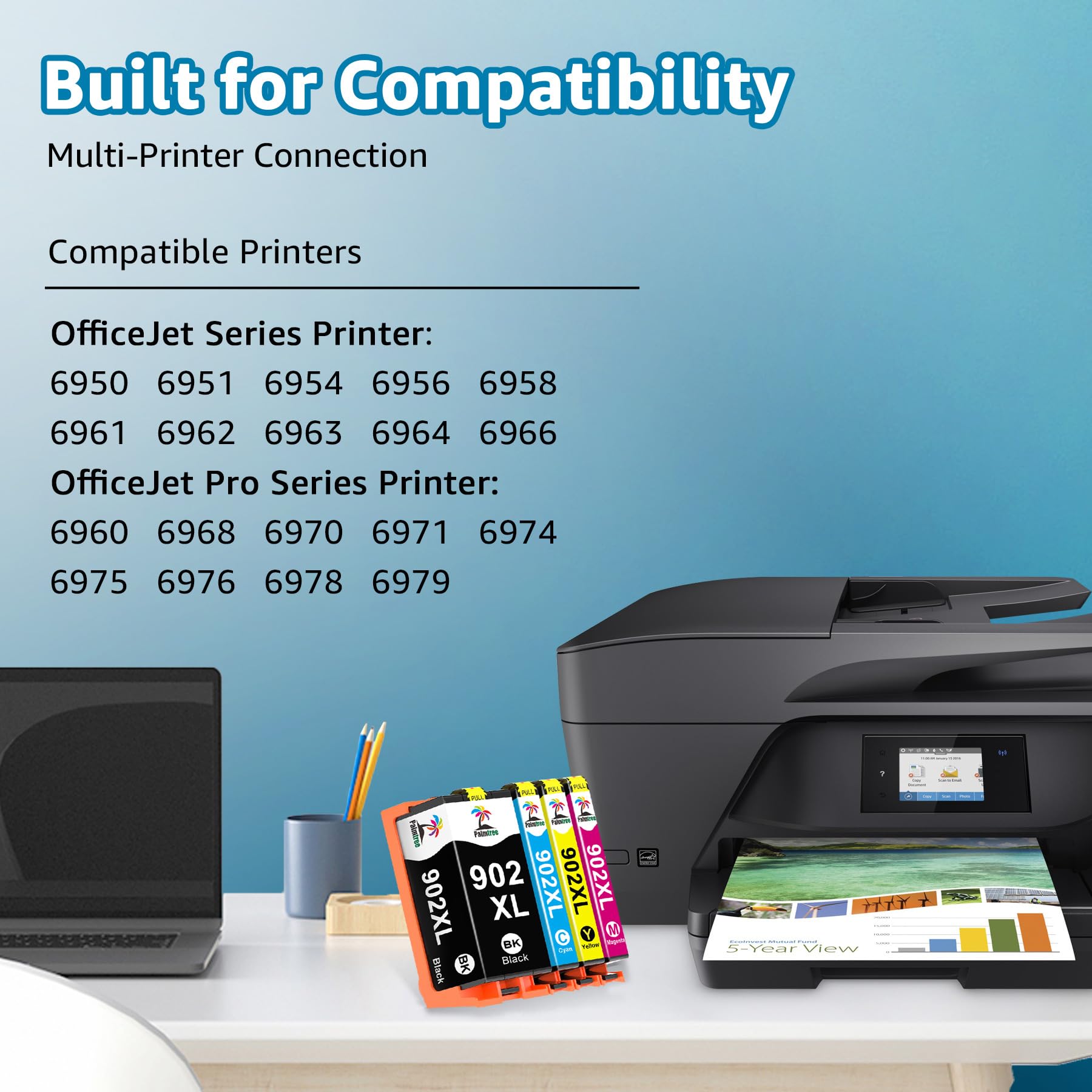 Palmtree Remanufactured 902XL Ink Cartridge Combo Pack (4-Pack) - Compatible with HP Officejet Pro 6968/6978/6970/6958/6960/6975/6954/6962 Printers - Replacement for HP 902 & 902XL Ink Cartridges - High-Quality Printer Ink for Home & Office Use