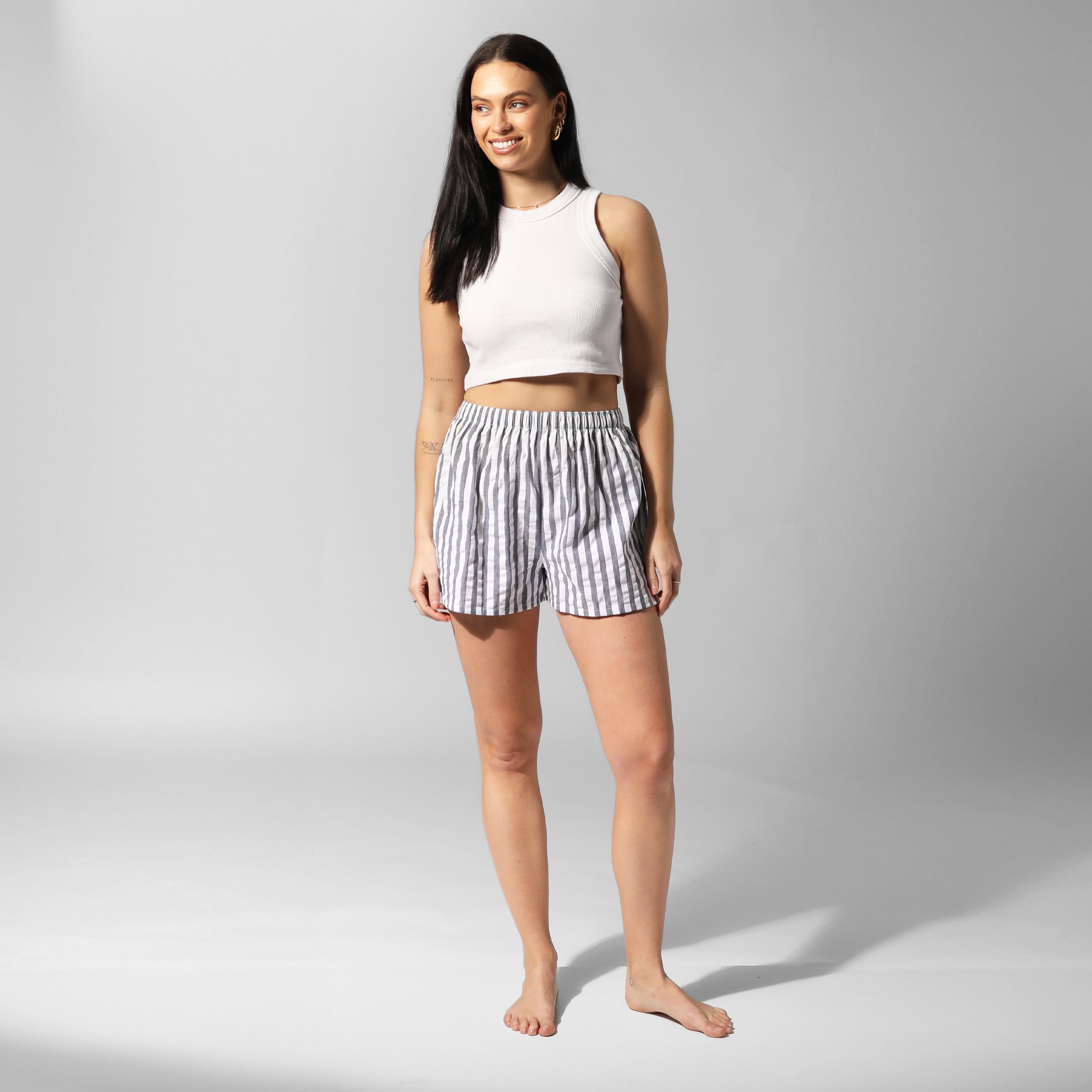 Women's Seamless Cotton Boxer Shorts - Soft Breathable Seersucker Stripe Underwear for Sleep & Lounge - Navy Blue