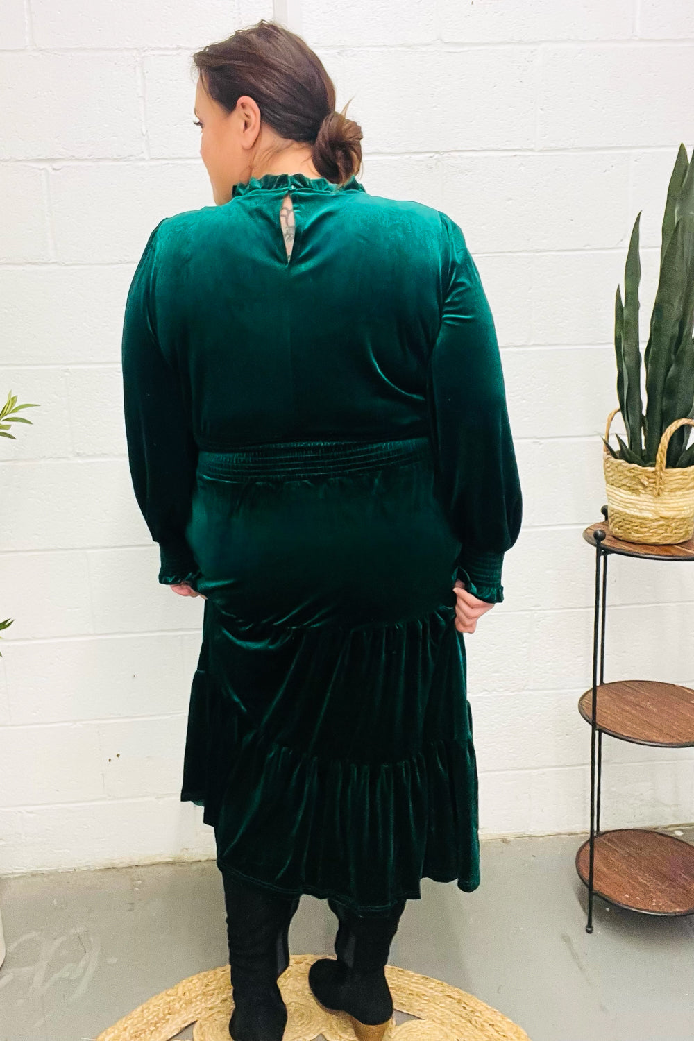 Holiday Dreaming Hunter Green Velvet Mock Neck Smocked Waist Dress for Women - Elegant Holiday Party & Christmas Dinner Outfit