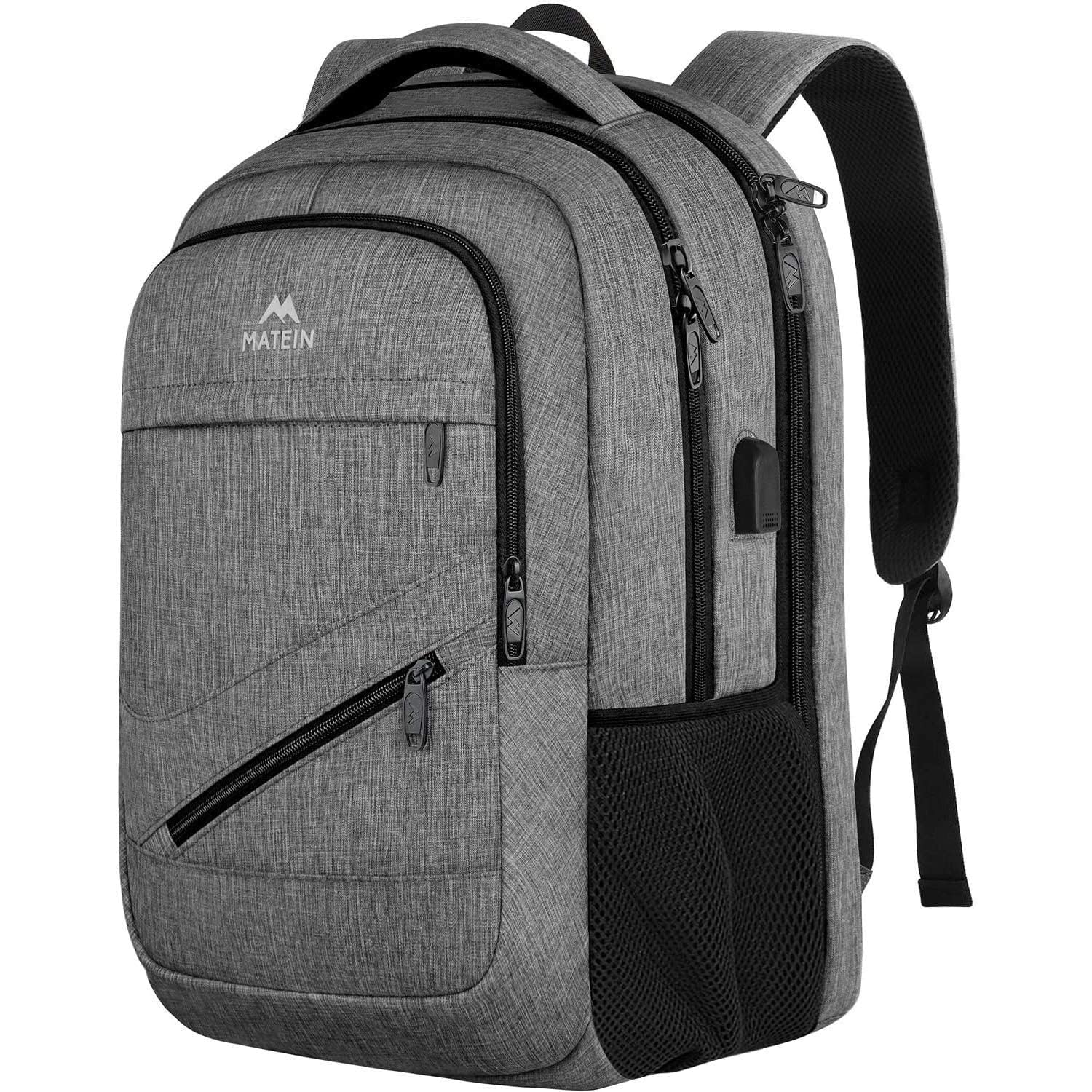 Matein 17 Inch Travel Laptop Backpack - TSA Approved Business Carry On Backpack with USB Charging Port & Trolley Sleeve, Durable College School Book Bag for Men & Women (Grey) - Perfect for Air Travel, Commuting & Campus Life