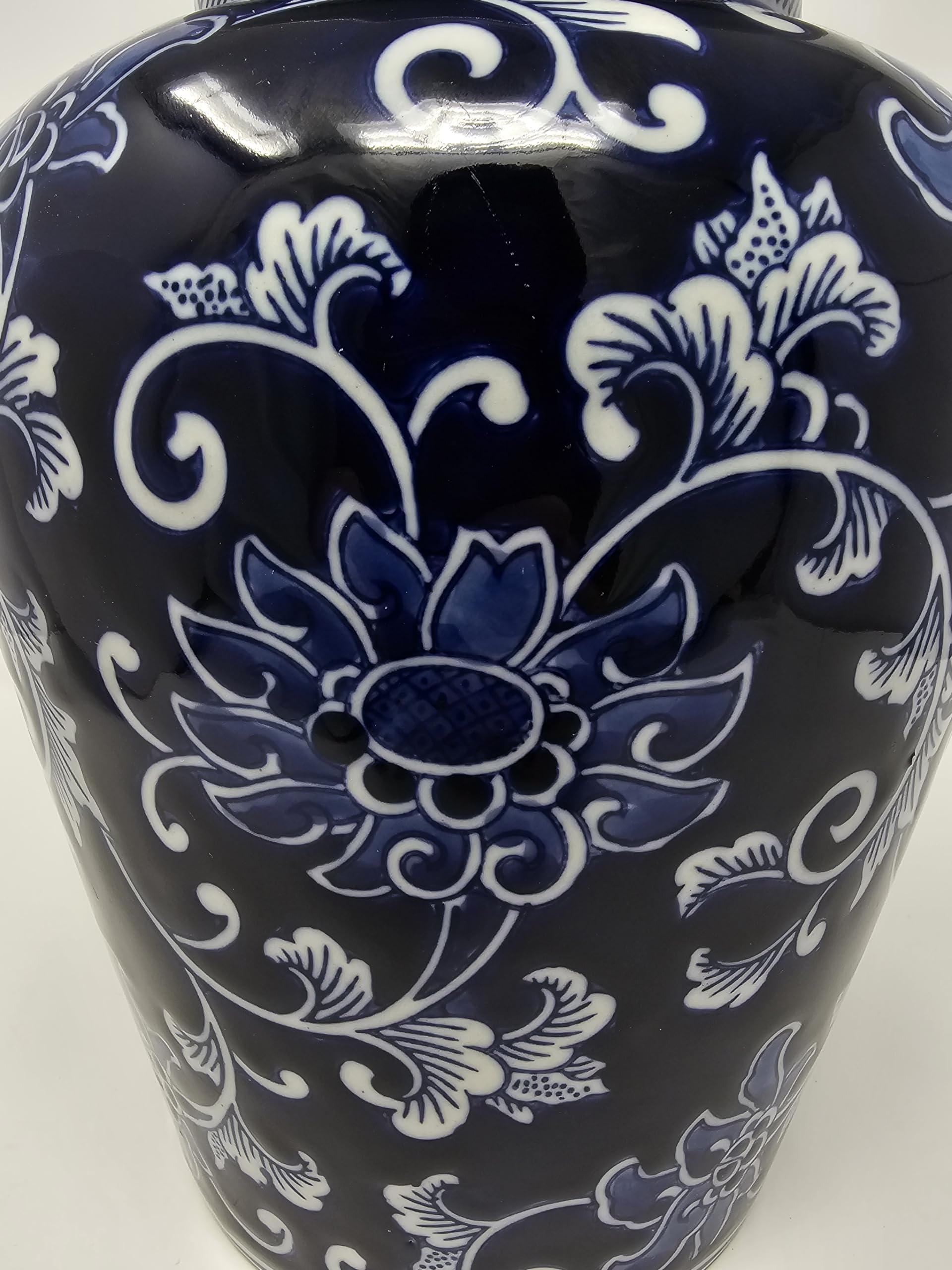 Festcool 12.5 Inch Blue and White Porcelain Floral Temple Ginger Jar Vase - Qing Dynasty Style Decorative Vase for Home Decor, Living Room Centerpiece, Asian-Inspired Interior Design