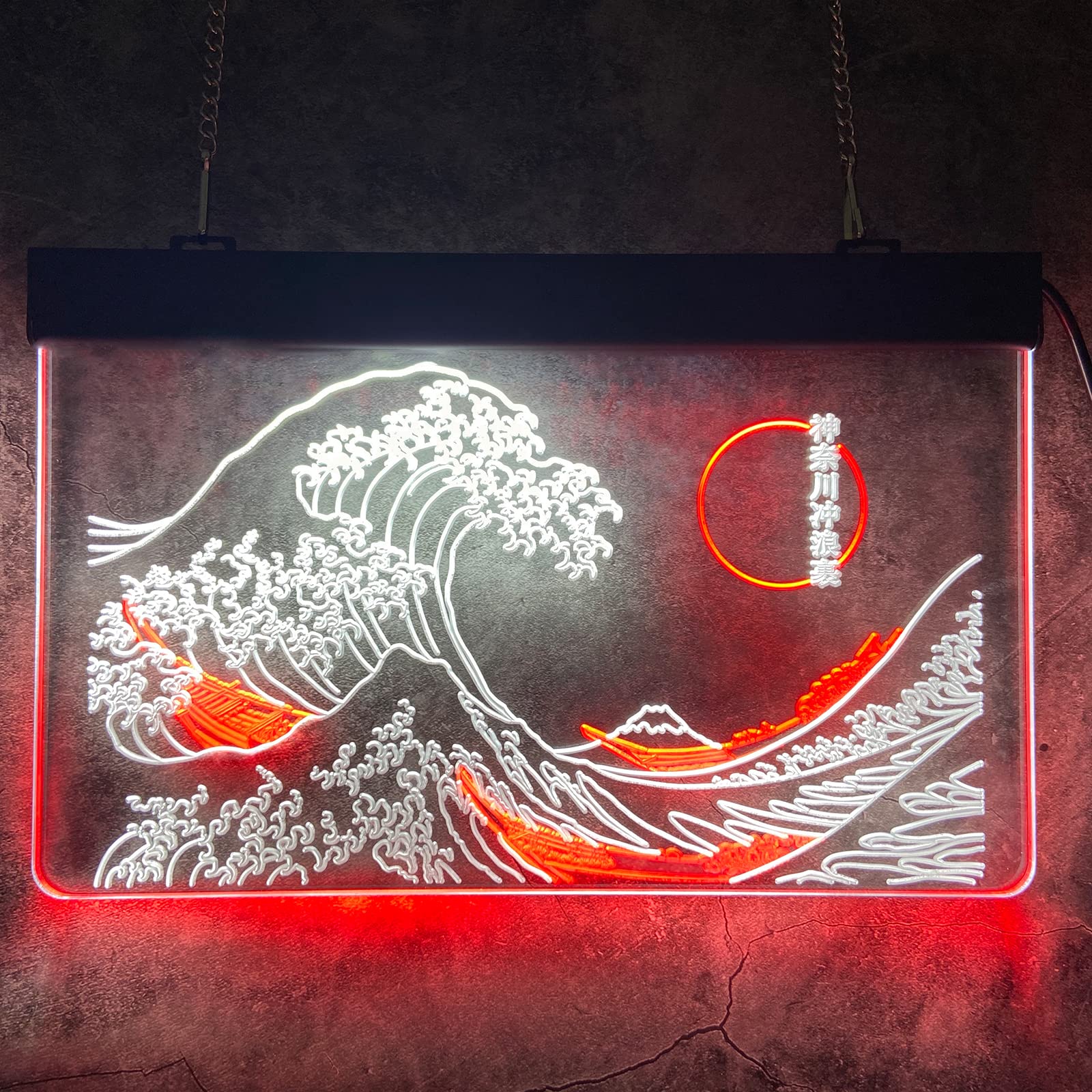 The Great Wave Off Kanagawa LED Neon Sign - Japanese Katsushika Hokusai Wall Art, Ukiyoe Style Neon Light for Home & Office Decor - 16x24 Inches (White & Red) - Perfect for Living Room, Bedroom, Bar, or Cafe Wall Decoration