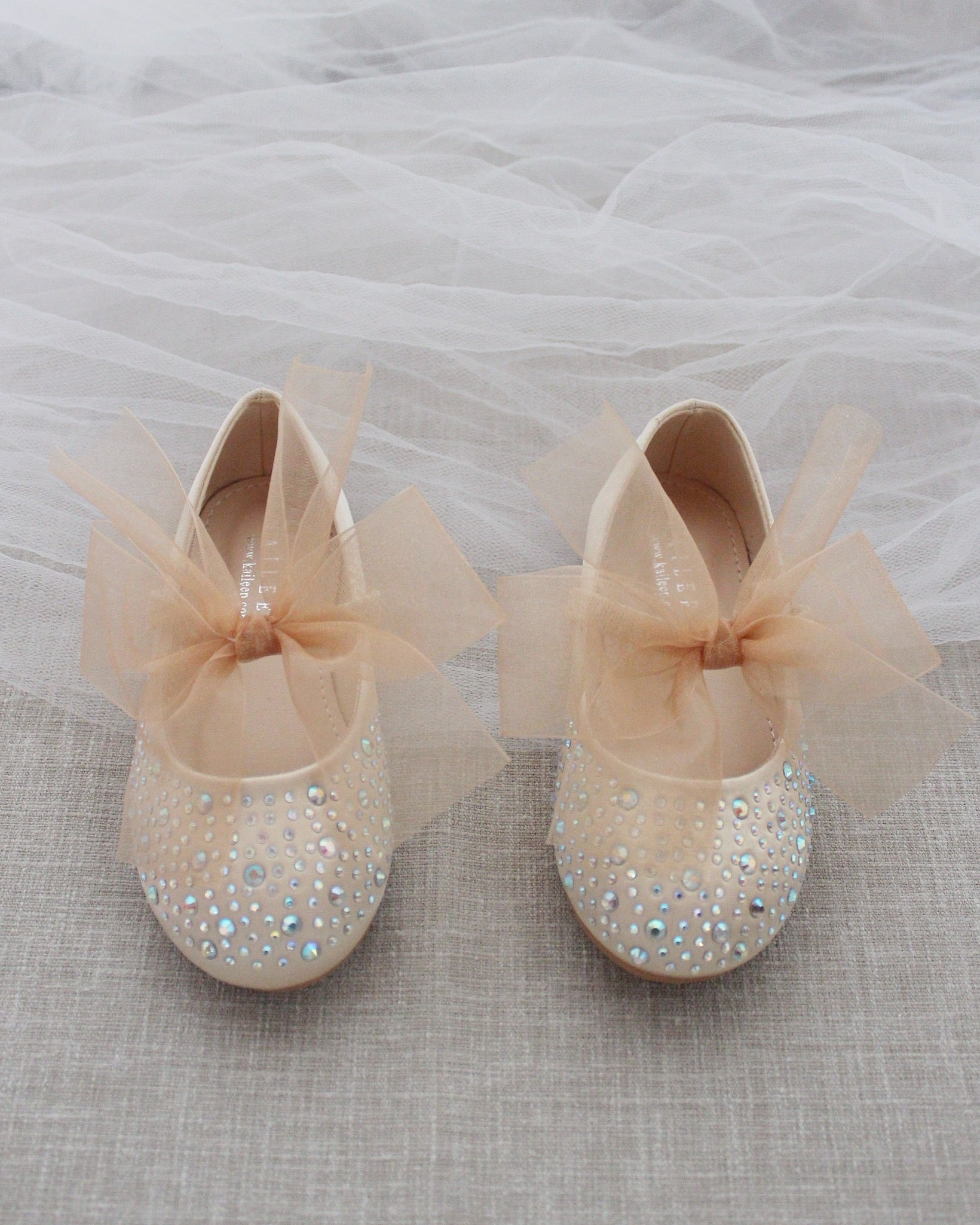 Elegant Satin Mary Jane Flats with Rhinestone Embellishments & Champagne Chiffon Bow – Perfect for Weddings, Parties & Formal Occasions