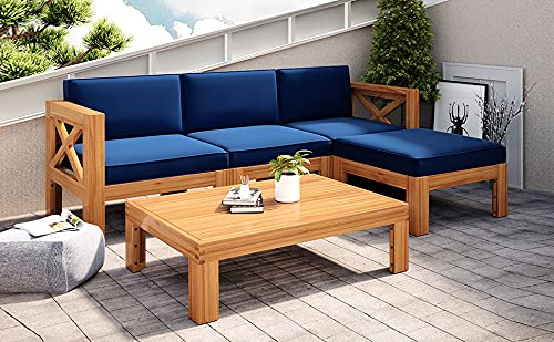 Premium 5-Piece Acacia Wood Outdoor Patio Furniture Set with Cushions - All-Weather Corner Sofa & Coffee Table Conversation Set, Natural Finish + Blue Cushions for Backyard, Garden, Poolside or Terrace Relaxation