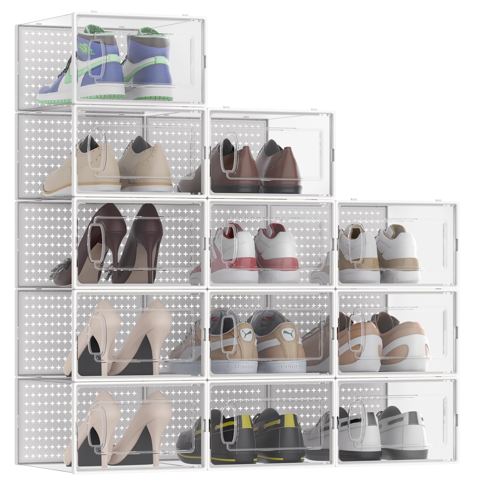 12 Pack Clear Plastic Shoe Storage Box Organizer - Stackable Sneaker Shoe Rack Containers for Closet, Portable Shoe Bins & Holders - Perfect for Bedroom, Walk-in Closet, Dorm Room Organization (White)