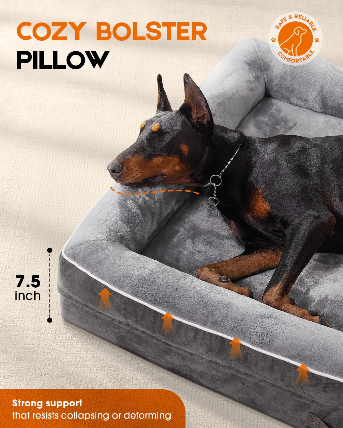 Extra Large Orthopedic Dog Bed with Egg Crate Foam - Washable Removable Cover & Waterproof Pet Sofa for Large Dogs - Non-Slip Bottom & 4-Sided Bolster Support - Perfect for Arthritis Relief & Comfortable Sleeping (Gray)