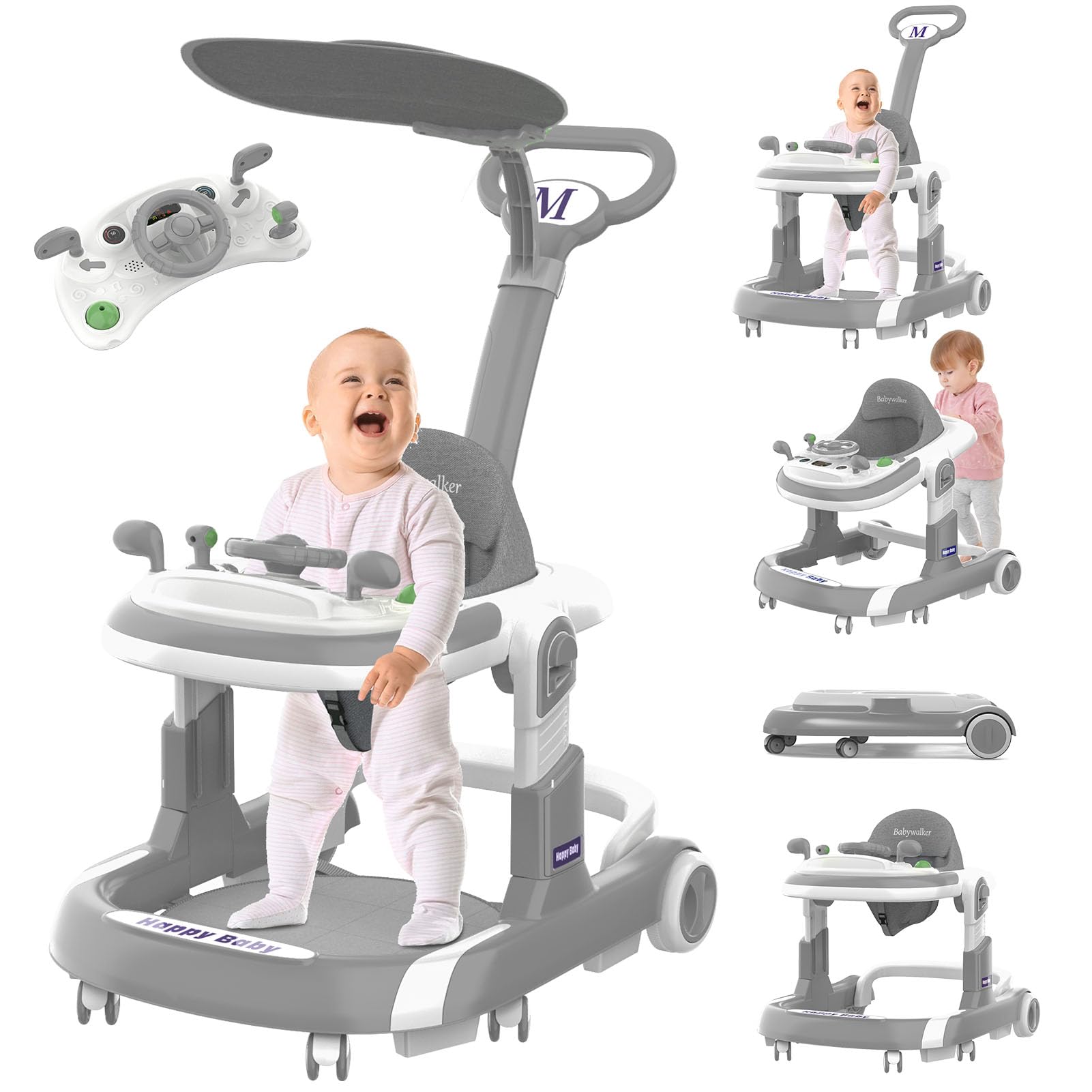 Foldable Baby Walker with Wheels - 5 Modes, Music & Adjustable Height (6-12 Months) | Includes Push Handle, Bouncer, Food Tray & Sunshade | Perfect for Learning to Walk & Indoor Play (Grey)