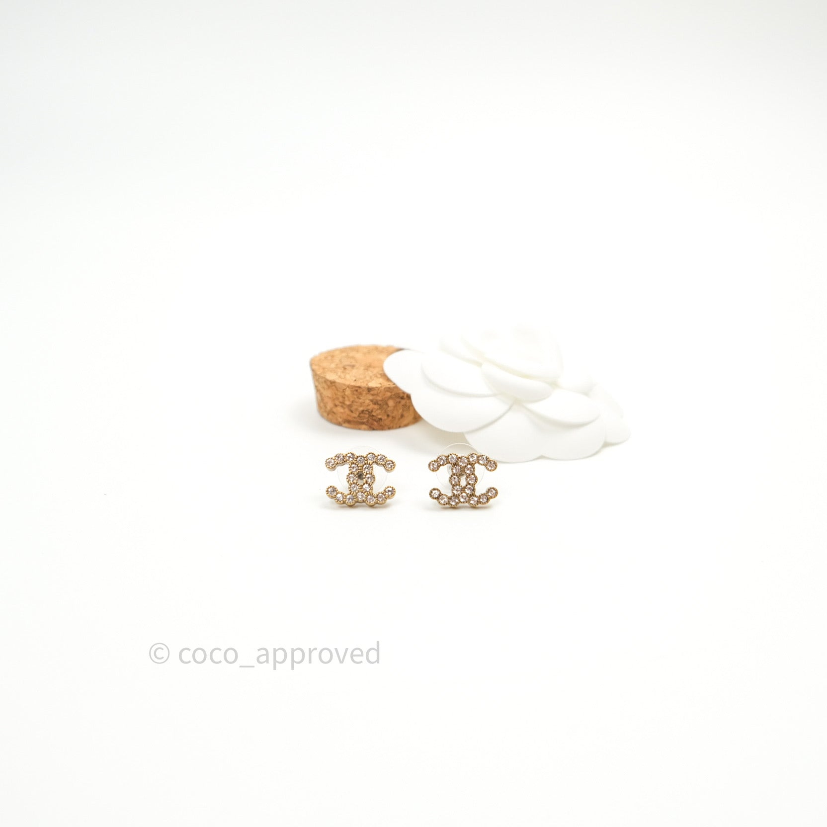 Chanel CC Logo Earrings for Women - Gold Tone Crystal Stud Earrings | Luxury Fashion Jewelry Gift for Her | Perfect for Parties, Weddings & Special Occasions