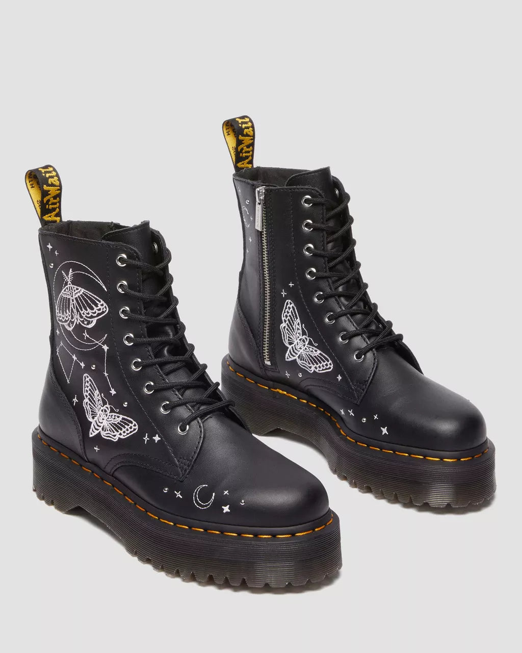 Dr. Martens Jadon Celestial Moth Embroidered Platform Boots - Gothic Punk Style Chunky Sole Shoes for Women | Perfect for Concerts, Festivals & Alternative Fashion Outfits