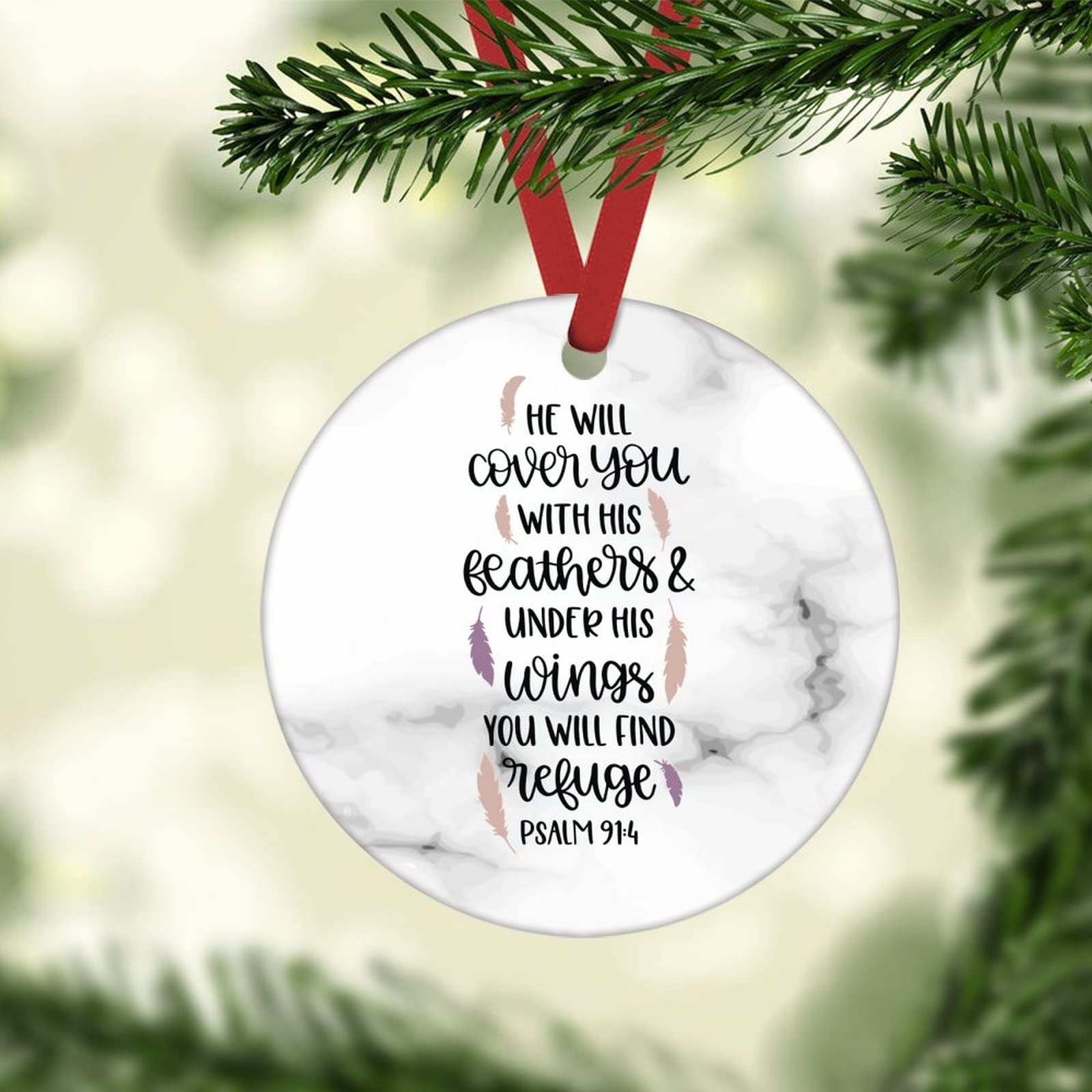 Personalized Psalm 91:4 Ceramic Christmas Ornament - 'He Will Cover You with His Feathers' Bible Verse Hanging Keepsake, 3x3 Inch Holiday Decor for Tree, Gift & Home Decoration