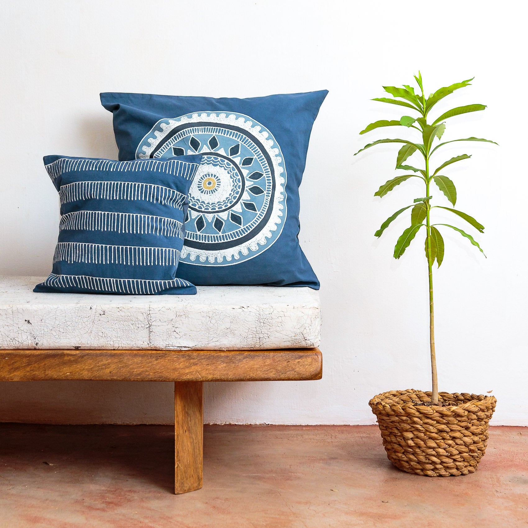 African Circles Indigo Cushion Cover - Handmade Boho Throw Pillow Case 18x18 Inch - Stylish Home Decor for Living Room, Bedroom & Sofa