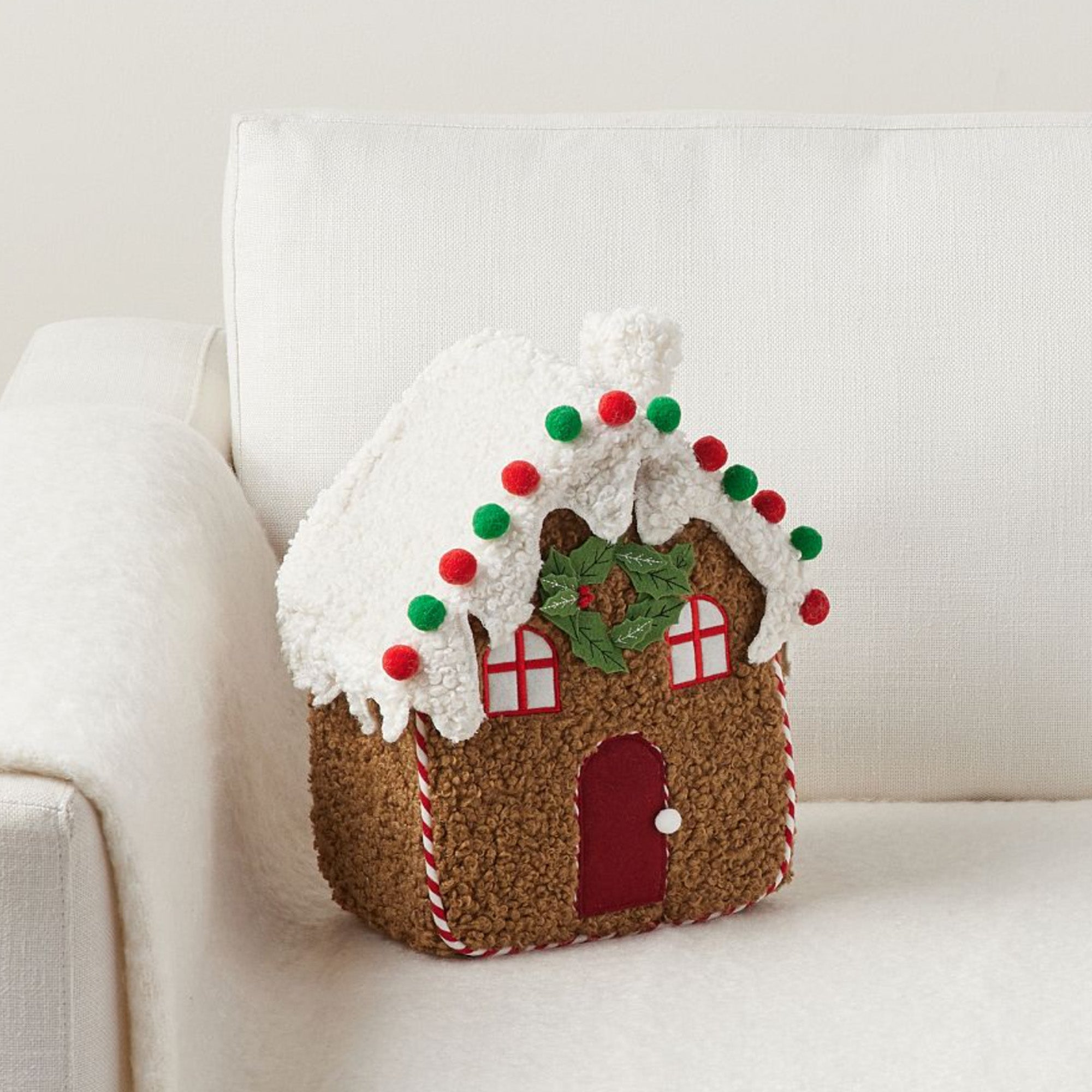 Cozy Gingerbread House Throw Pillow with Candy Cane Pom Pom & Gumdrop Decor - Perfect for Christmas Sofa Decor, Holiday Home Accents & Winter Bedroom Decorations