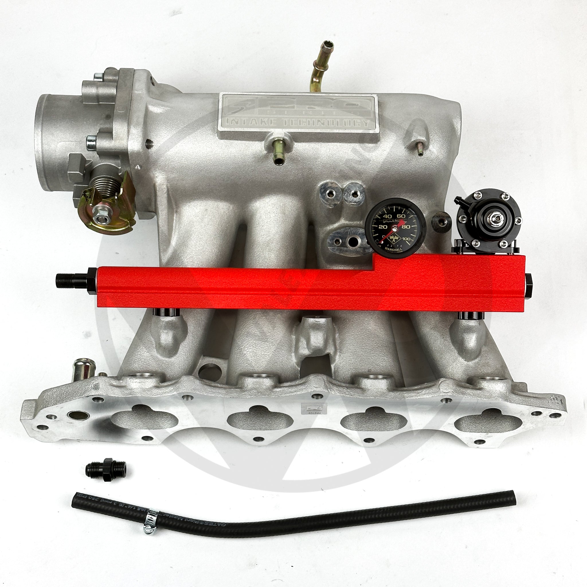 High-Performance B Series Valex Fuel Rail & Regulator with Marshall Gauge for Honda Acura B16 B18 B20 Engines - Wrinkle Red Finish - Perfect for Racing & Performance Upgrades