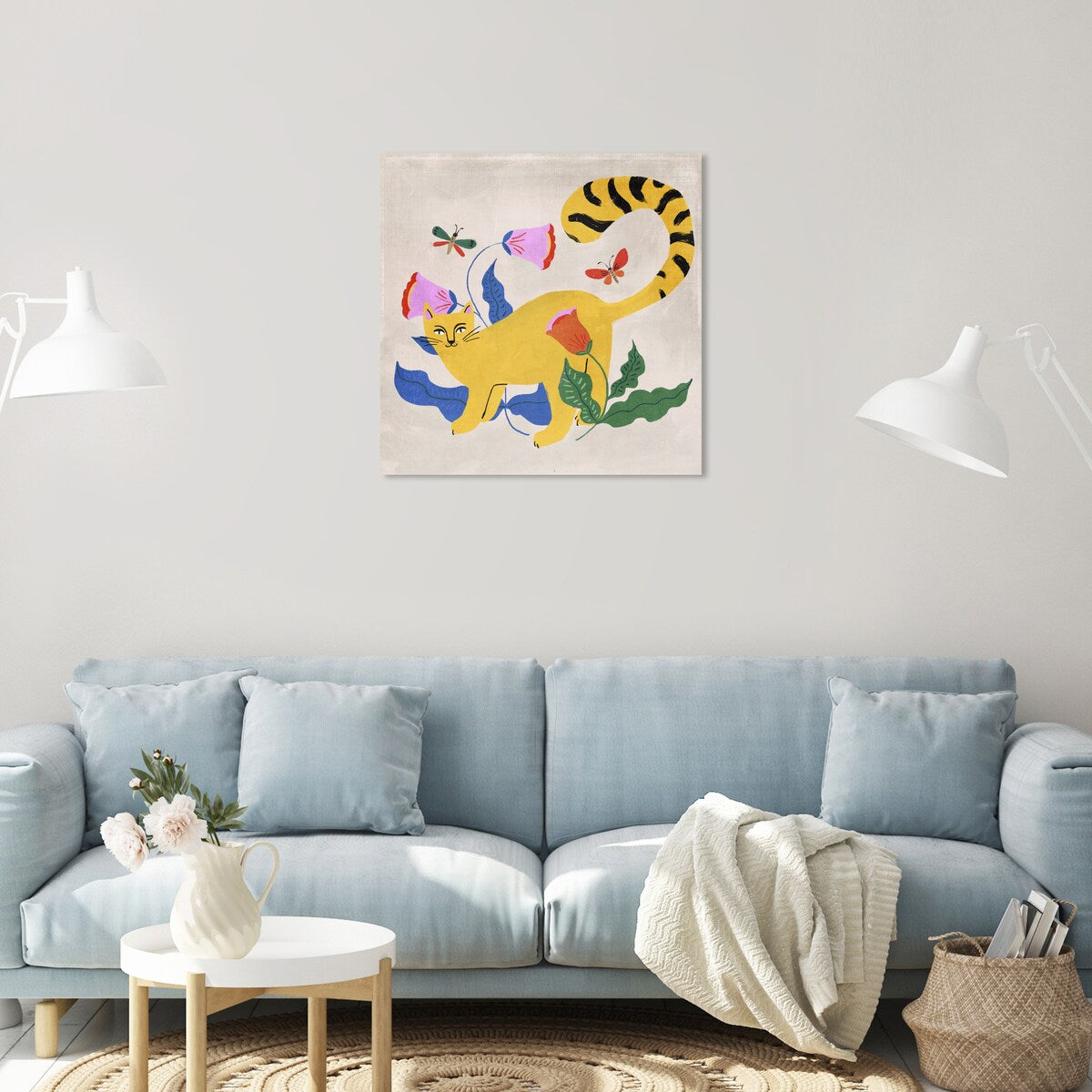 Blonde Tabby Floral Kitten Butterfly Garden Modern Yellow Canvas Wall Art Print - Perfect for Bedroom, Nursery, Living Room & Home Decor