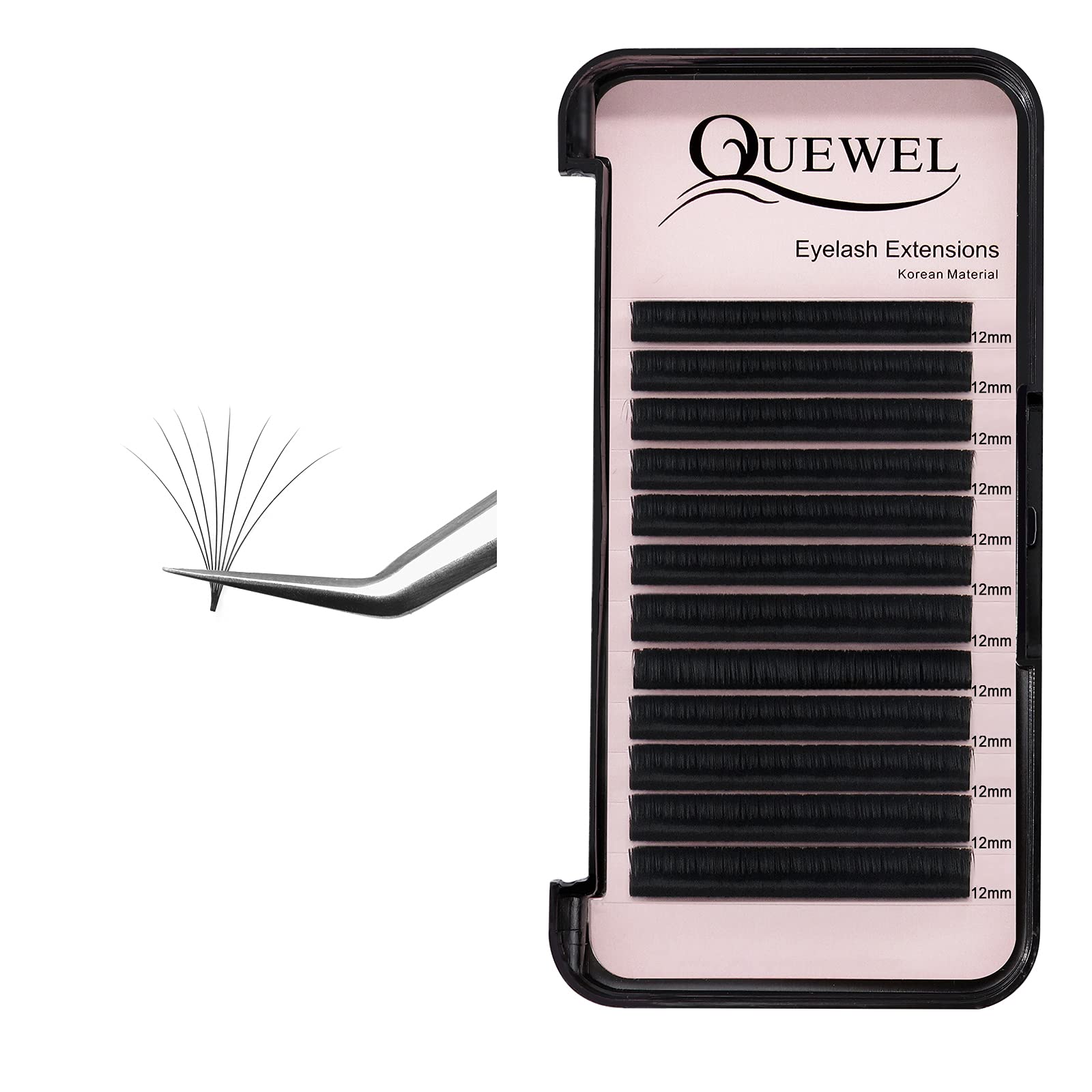 QUEWEL 0.07mm D Curl Volume Lash Extensions - 12mm Mink Black False Eyelashes for Rapid Blooming & Easy Fanning | Perfect for Bridal, Party & Special Occasion Makeup