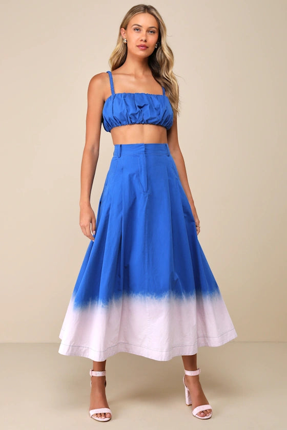 Elegant Blue Ombre Two-Piece Sleeveless Midi Dress for Women | Summer Beach Party & Vacation Outfit | Flowy Boho Chic Fashion