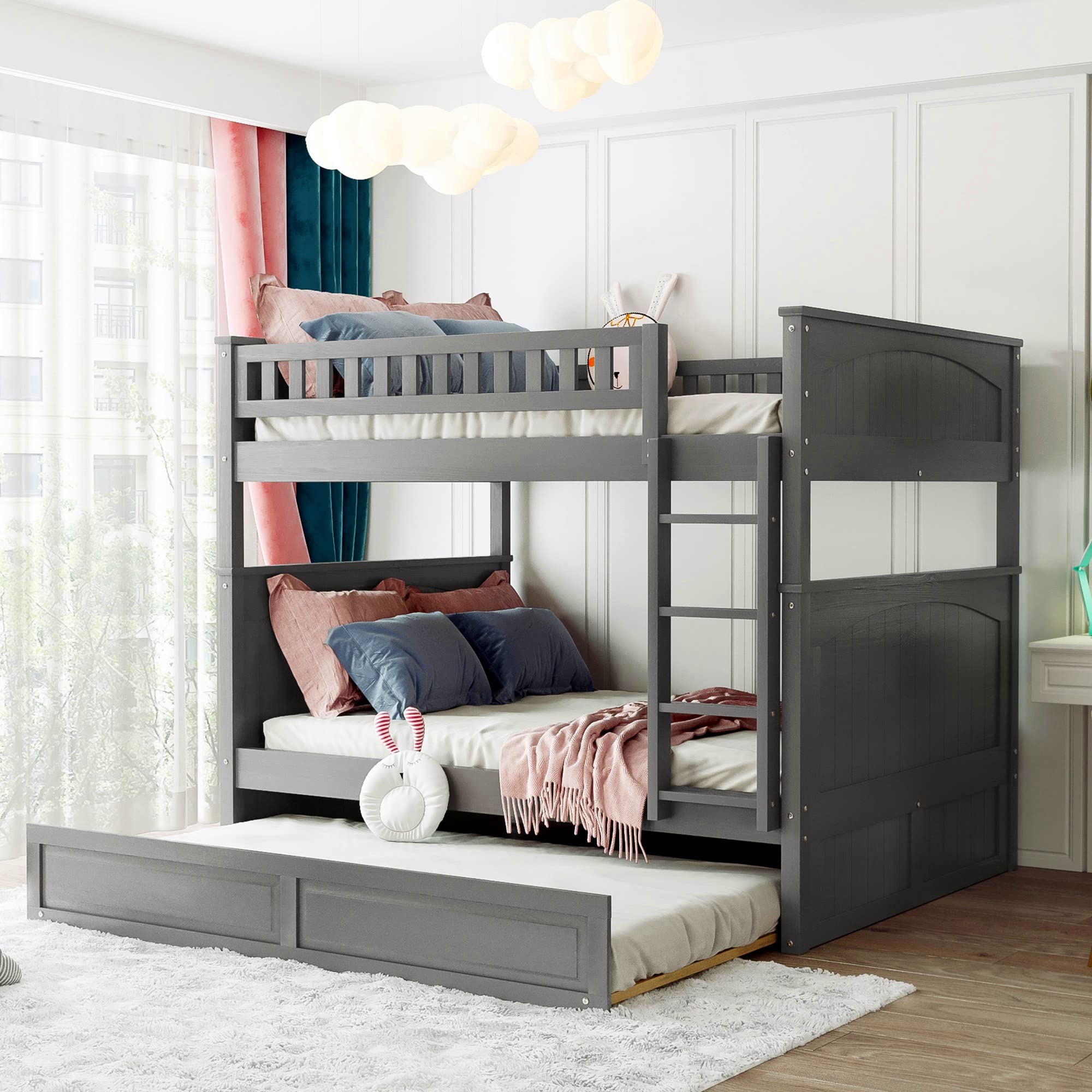 Harper & Bright Designs Full Over Full Bunk Beds with Twin Trundle - Detachable Wooden Bunk Bed Frame with Safety Guard Rails, No Box Spring Needed (Brushed Gray) - Perfect for Kids' Bedroom, Guest Room & Space-Saving Solutions