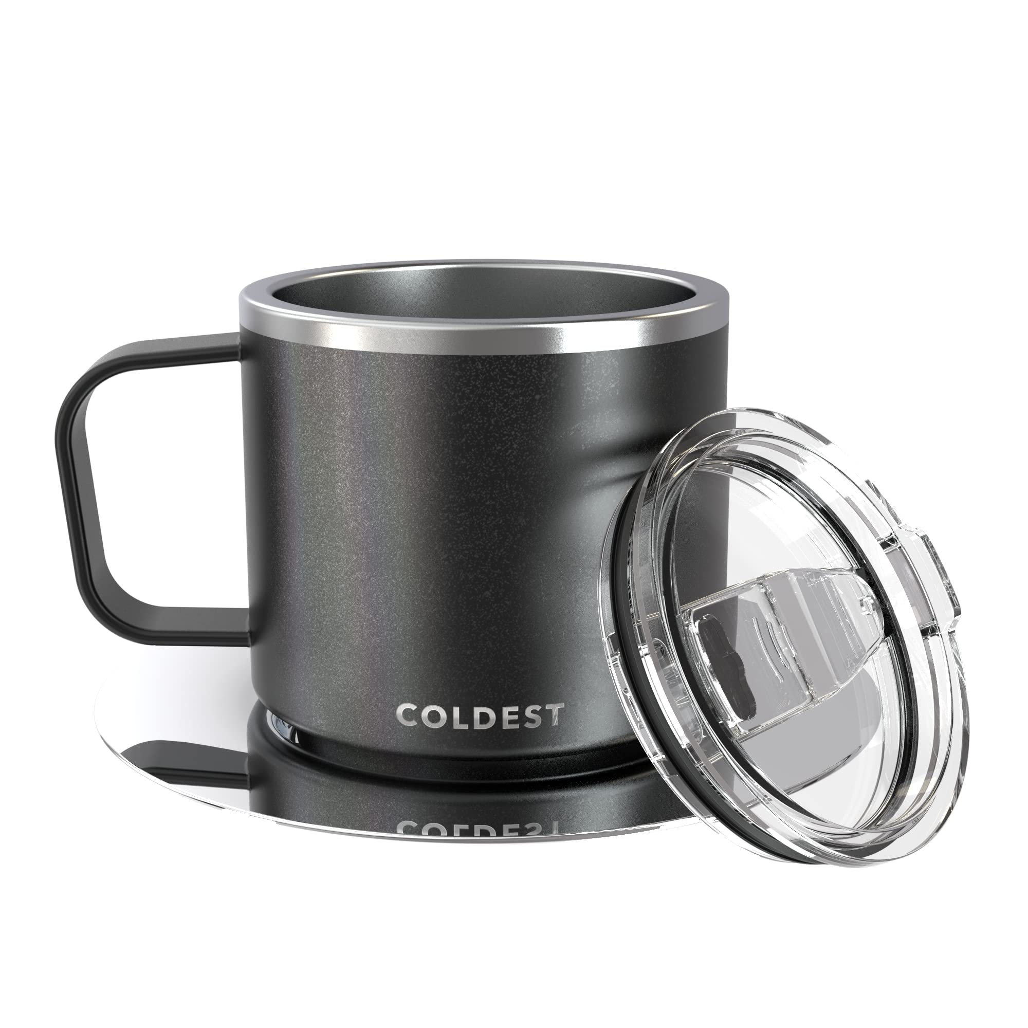 Stackable Insulated Espresso Cup with Saucer by Coldest - Triple Wall Stainless Steel Travel Mug, 4 oz Double Shot Coffee Cup with Sliding Lid, Stardust Glitter Design - Perfect for Home, Office, and Outdoor Adventures
