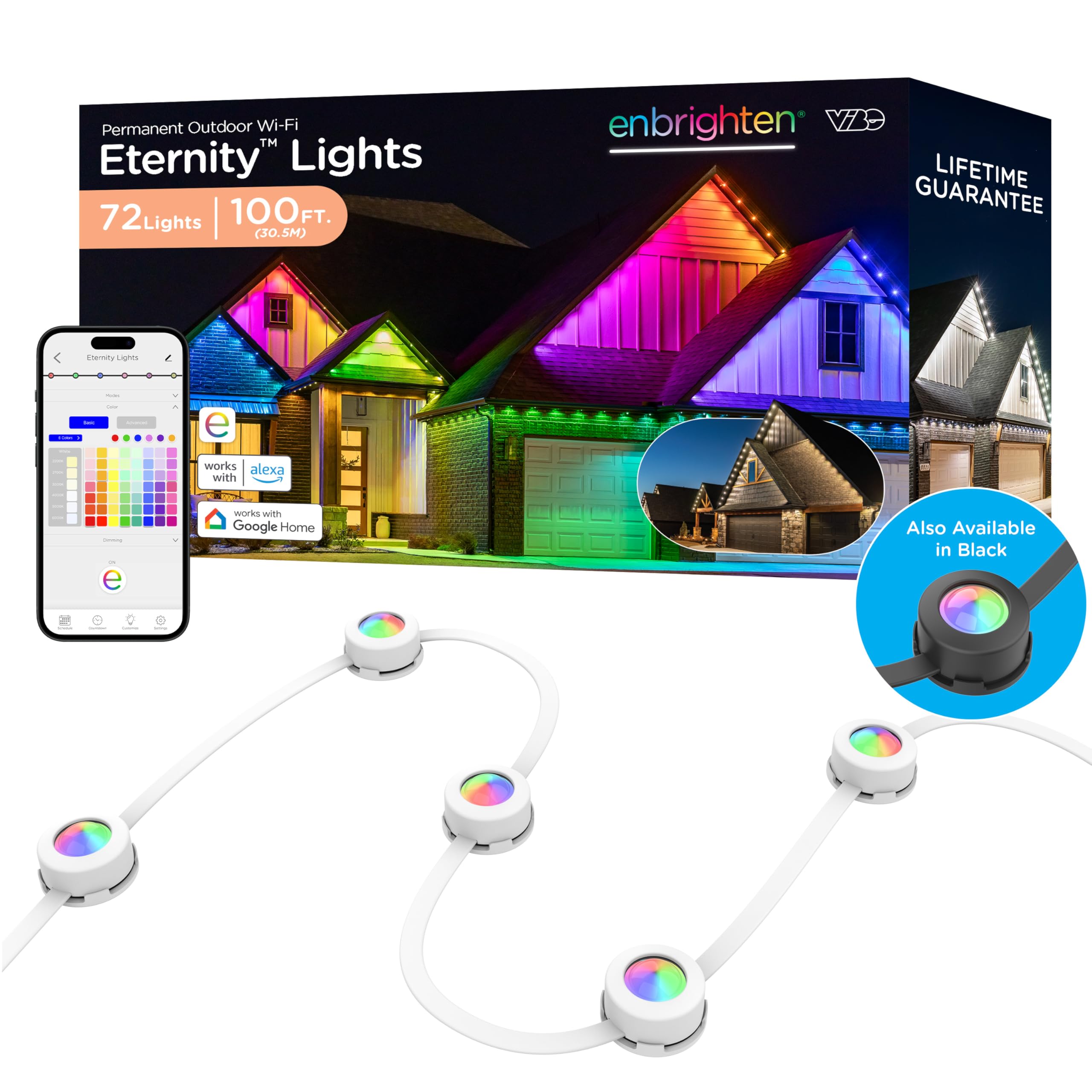 Enbrighten Eternity 100ft Permanent Outdoor Smart Lights with 72 RGBWIC LEDs - Weatherproof IP67 Rated, Alexa & Google Home Compatible - Perfect for Holiday Decor, Landscape Lighting, and Patio Accents
