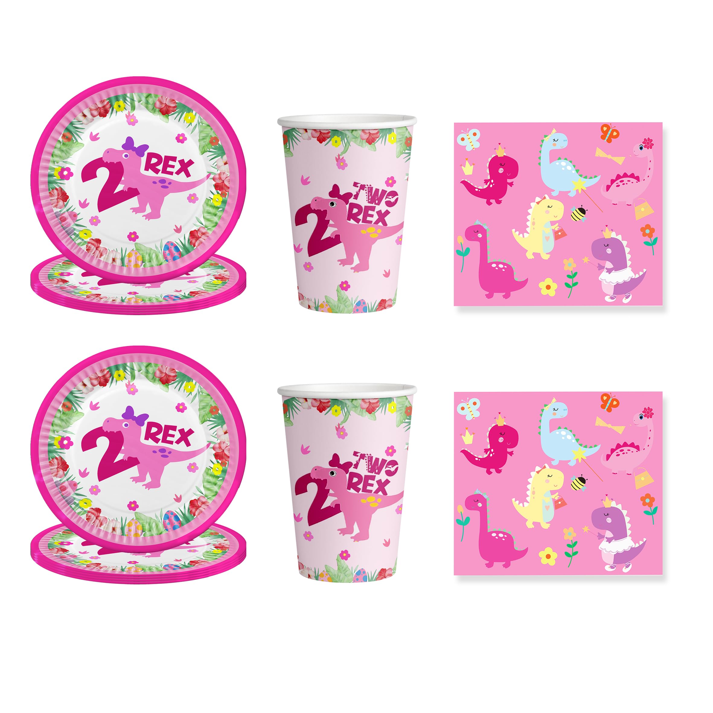 Dinosaur 2nd Birthday Party Supplies for Girls - T-Rex Theme Decorations with Plates, Cups, Napkins Featuring '2' Logo, Perfect for 20 Guests, Ideal for Toddler Birthday Celebrations & Dino-Themed Parties
