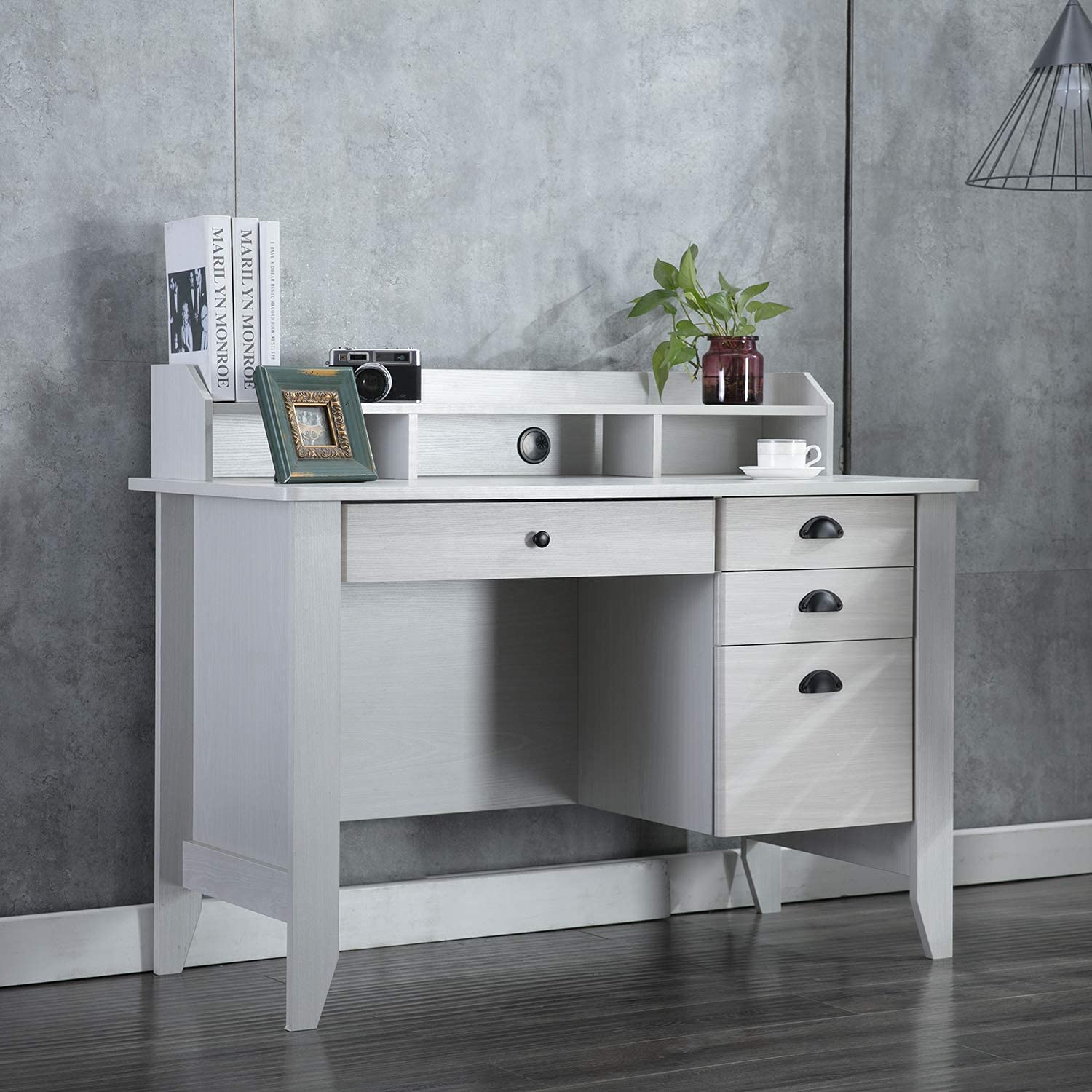 Vintage Oak White Wooden Grain Computer Desk with 4 Drawers & Storage Hutch - Modern Executive Office Desk for Small Spaces, Laptop Study Writing Table - Perfect for Home Office, Bedroom Workspace, Compact Living Areas & Dorm Rooms | Ideal for Remote Work, Online Classes & Small Apartment Decor