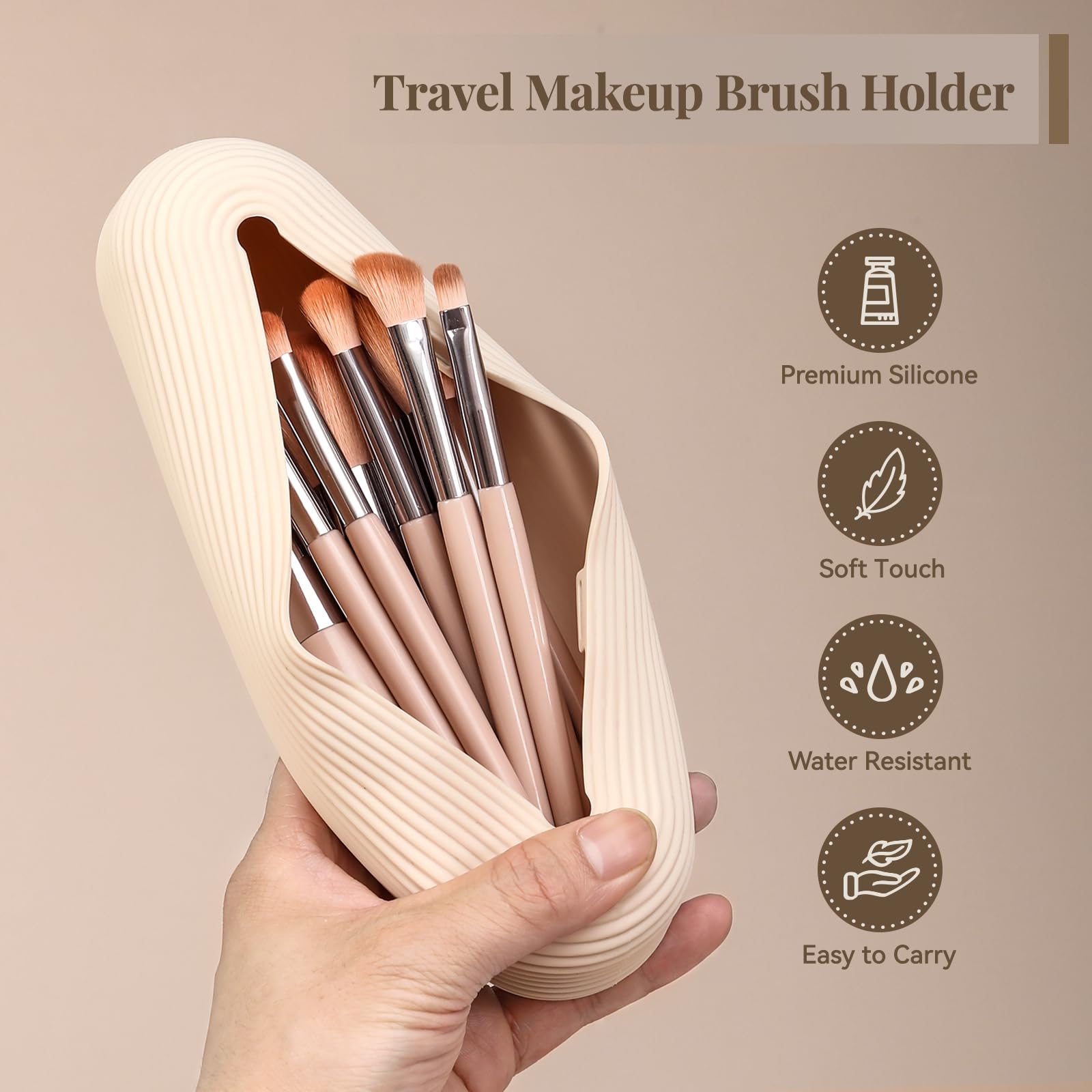 **LANDNEOO Magnetic Travel Makeup Brush Holder – Large Anti-Fall Silicone Cosmetic Organizer Bag, Portable Face Brush Case & Toiletry Pouch – Perfect for Travel, Home, and Salon Use (Khaki)**