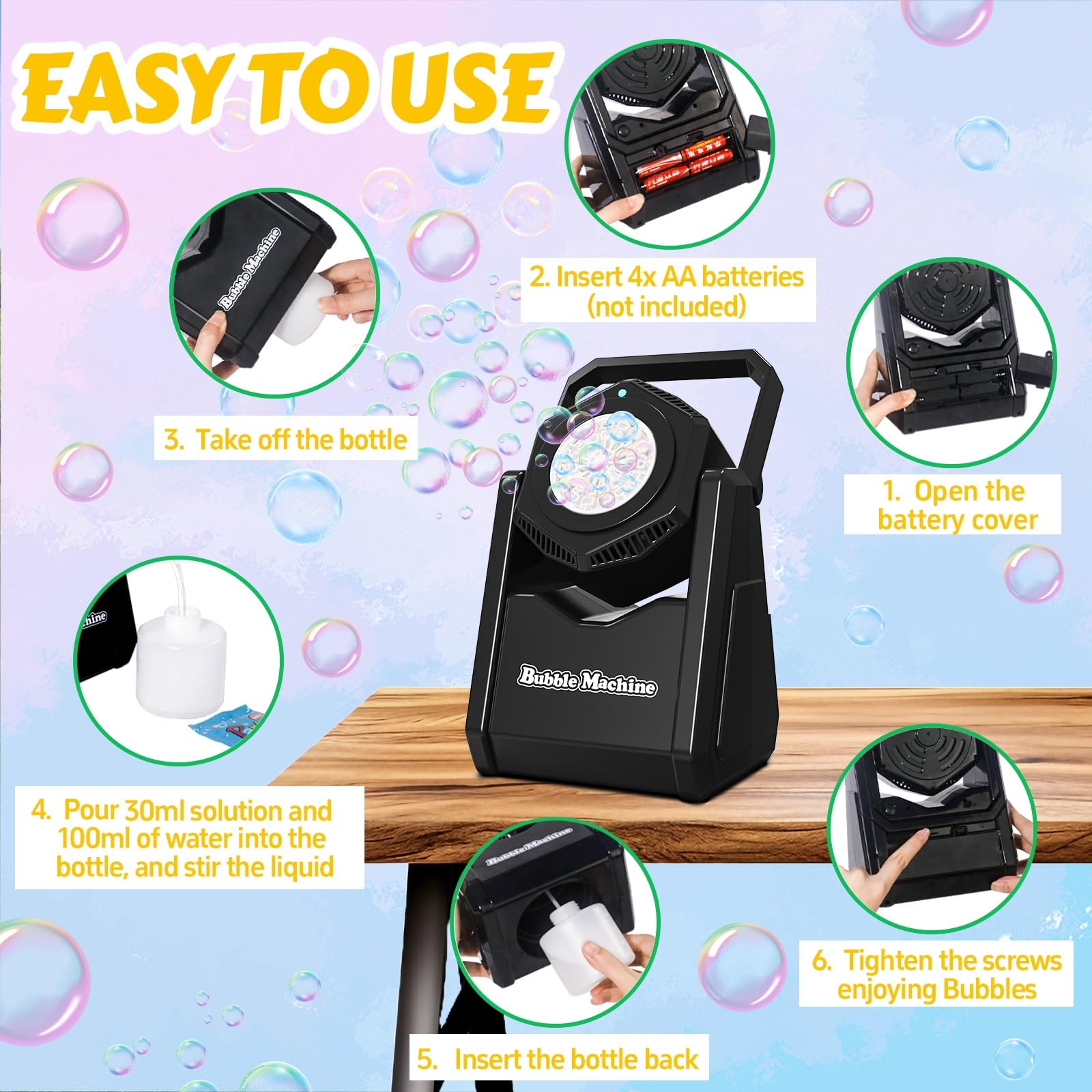 Automatic Bubble Machine for Kids - 90° Adjustable Bubble Blower with Bubble Solution, 20,000+ Bubbles Per Minute | Battery Operated Indoor/Outdoor Party Toy for Birthday, Wedding & Backyard Fun