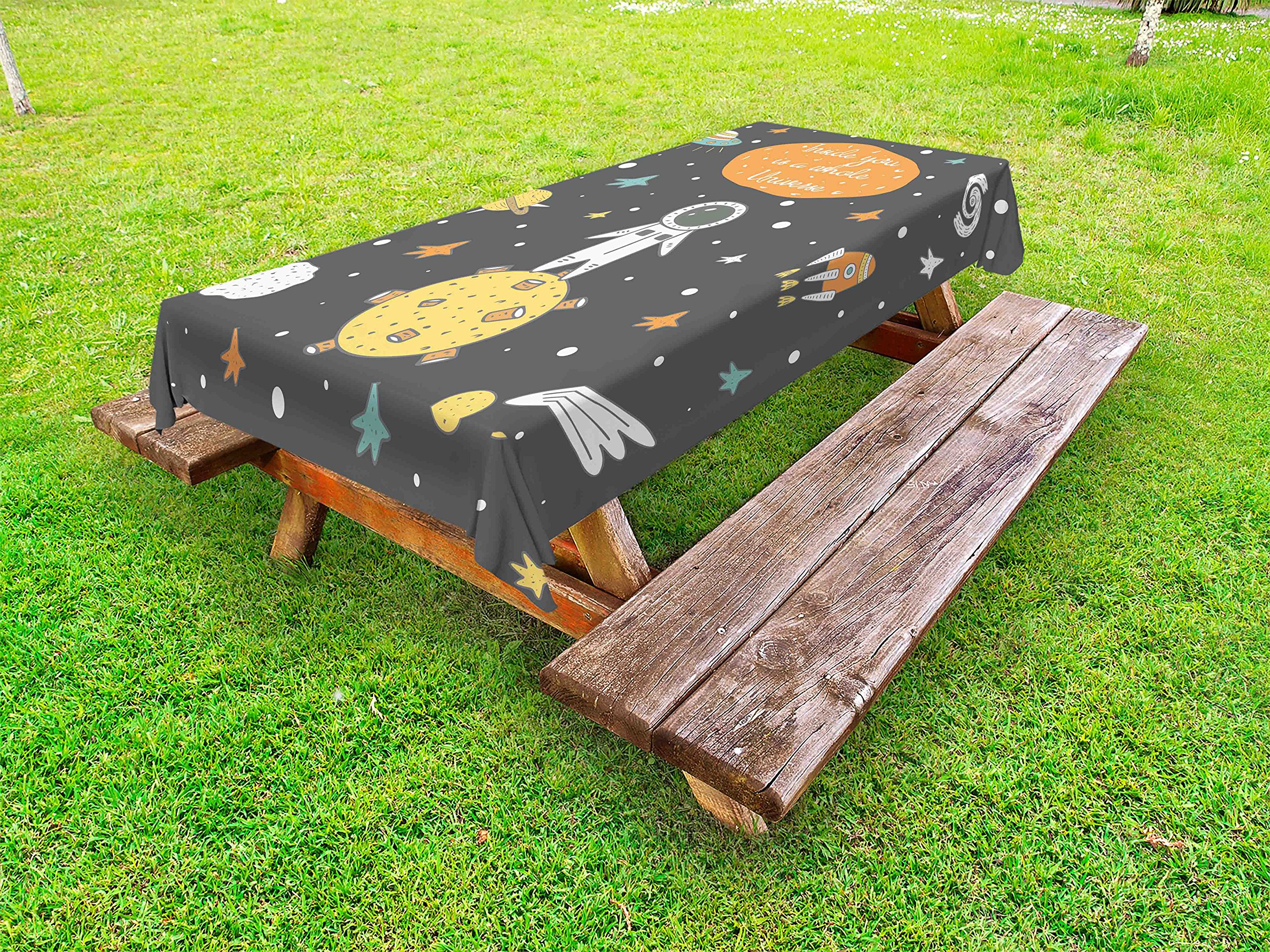 Ambesonne Outer Space Tablecloth - Doodle Style Astronaut, Alien, Planets & Spaceships Design - Washable Picnic Table Cover 58