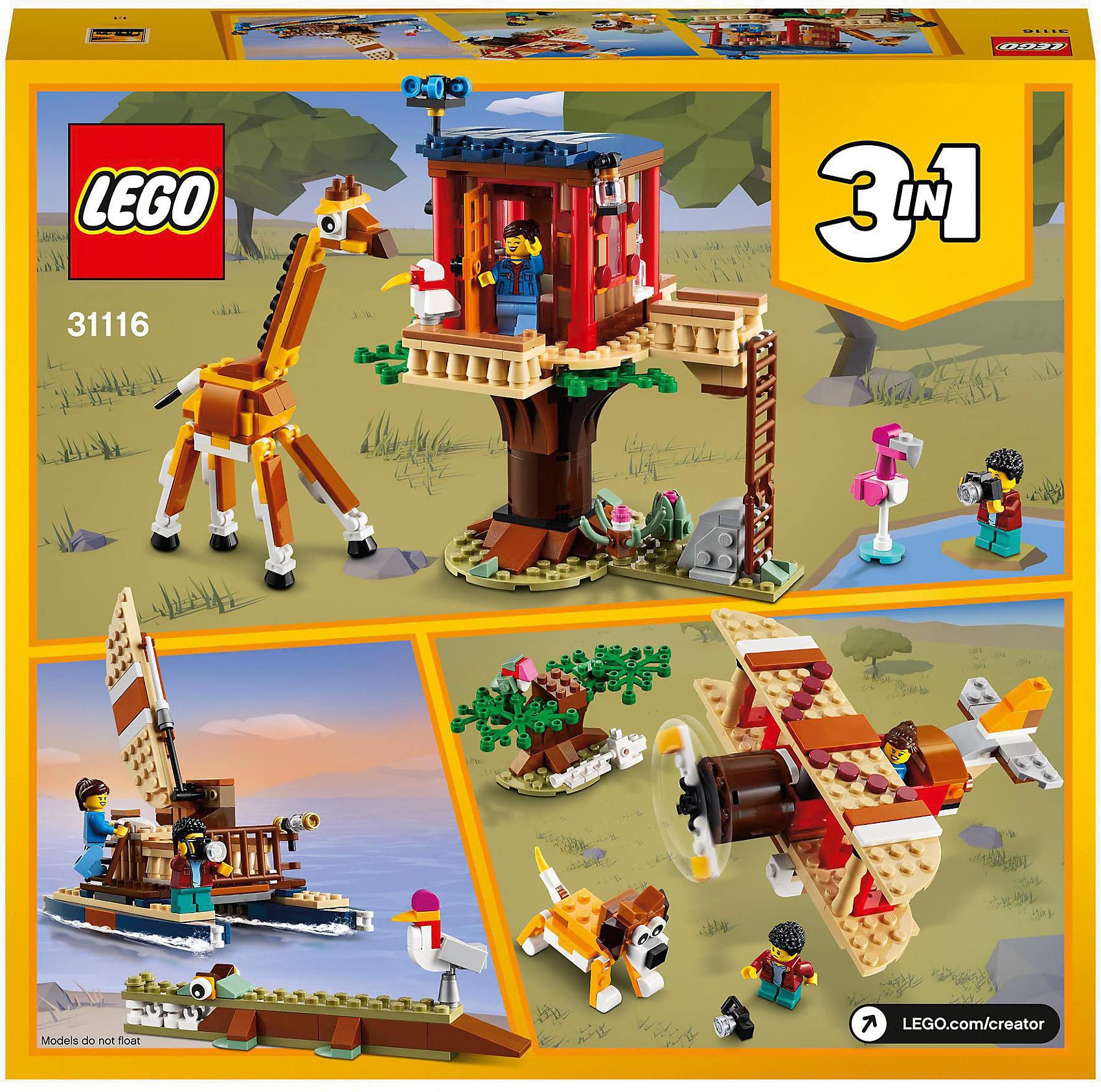 LEGO 31116 Creator 3-in-1 Safari Tree House Building Toy Set with Boat, Airplane & Savanna Animal Minifigures - Creative Construction Playset for Kids, Perfect for Imaginative Play and Safari Adventures