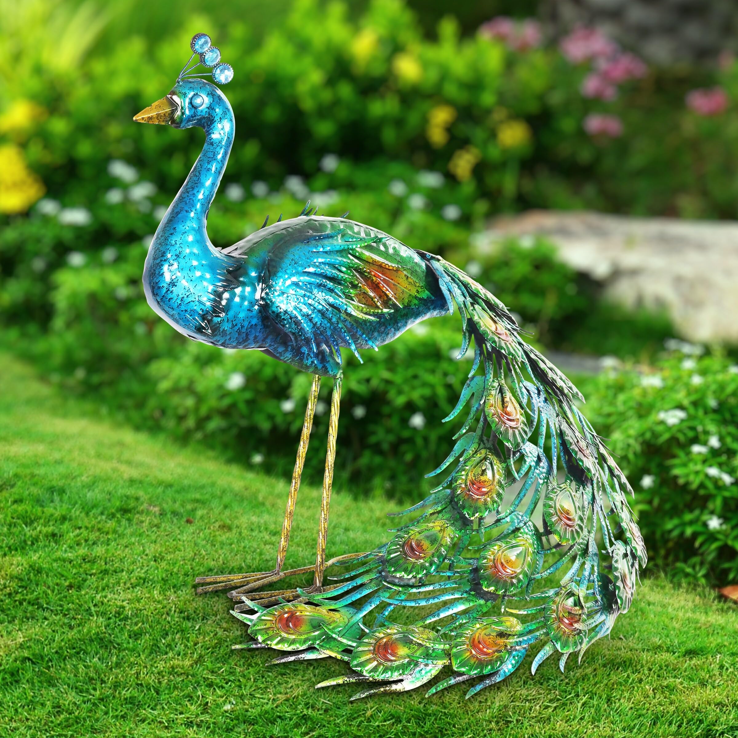 Exhart Metallic Peacock Garden Statue - Hand Painted Outdoor Decor, 15 x 24 Inch - Elegant Yard & Patio Decoration for Gardens, Lawns & Outdoor Spaces