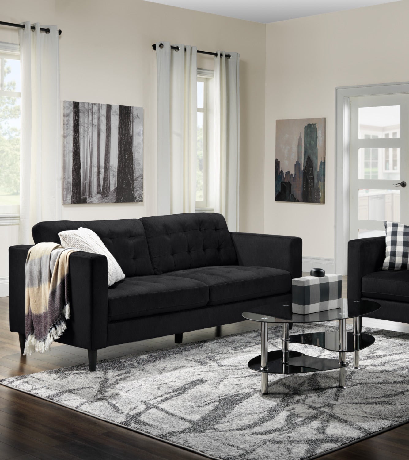 Modern Anthena Sofa Set with Loveseat and Chair - Charcoal Gray Fabric for Living Room, Lounge & Home Theater Seating