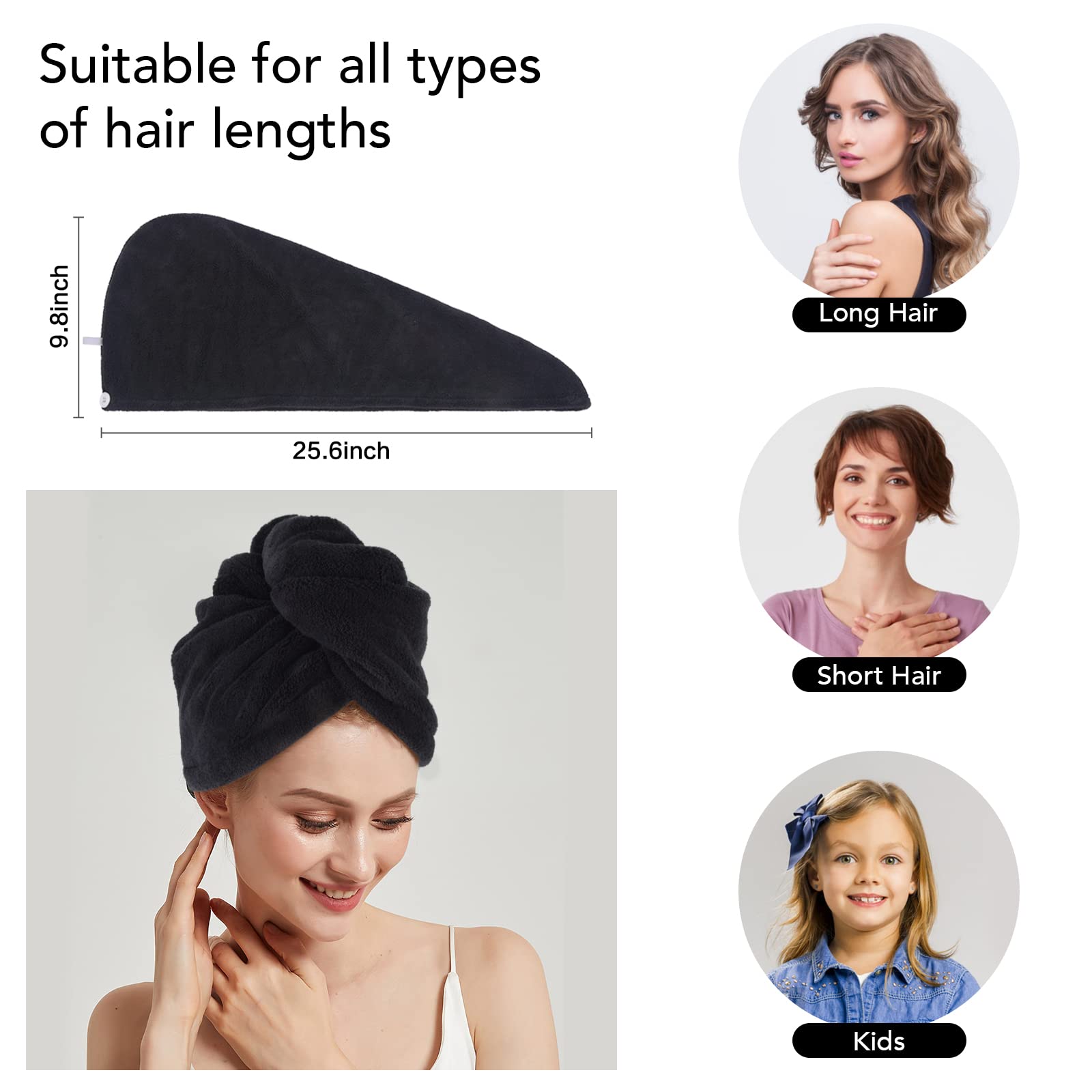 **SINLAND Microfiber Hair Drying Cap - Super Absorbent & Quick Dry Hair Towel Turban for Women (3 Pack, Black) - Perfect for Post-Shower, Salon, Travel & Home Use**