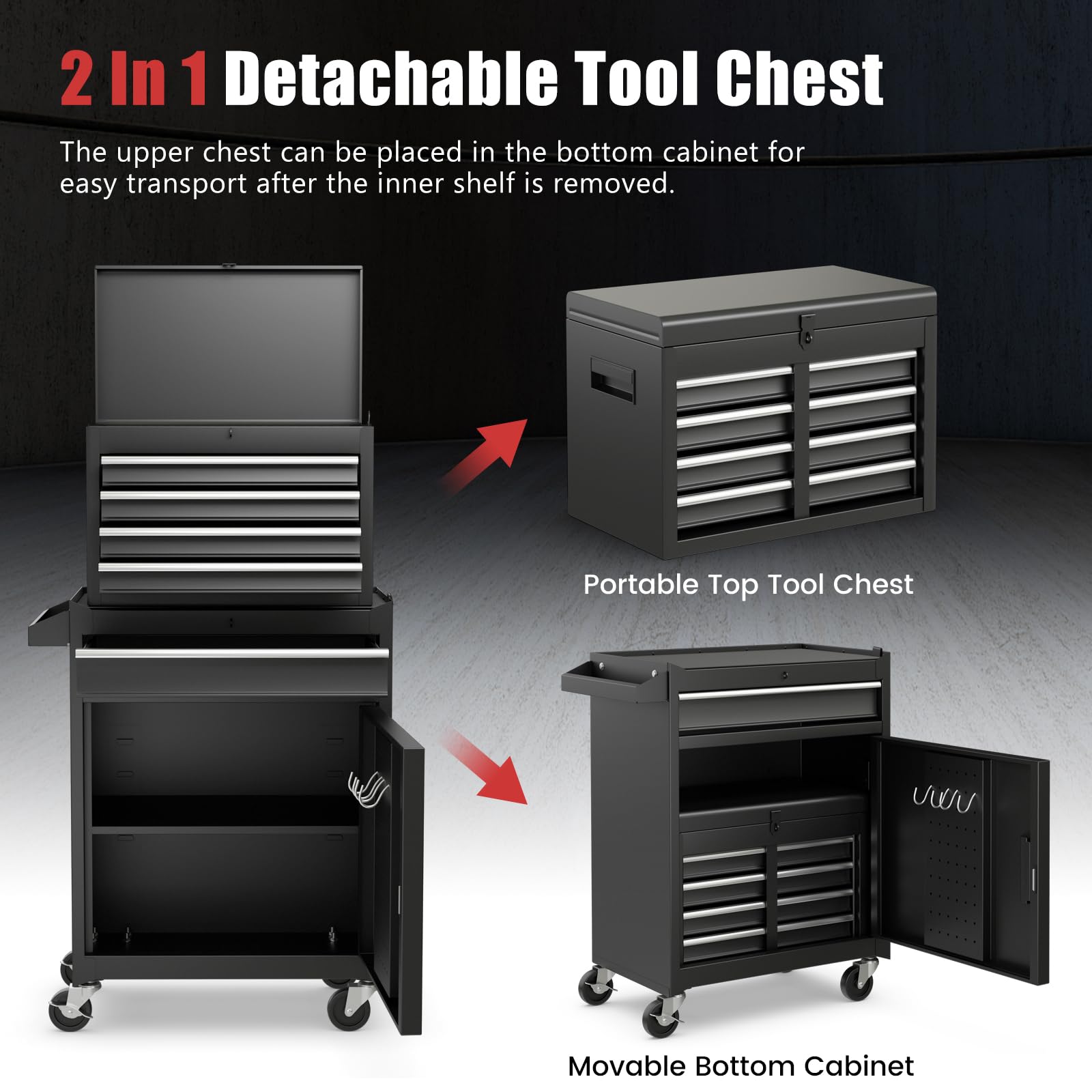 Casart 5-Drawer Rolling Tool Cabinet with Lockable Drawers & Wheels - Heavy Duty Mobile Tool Storage Organizer for Garage, Workshop, and DIY Projects