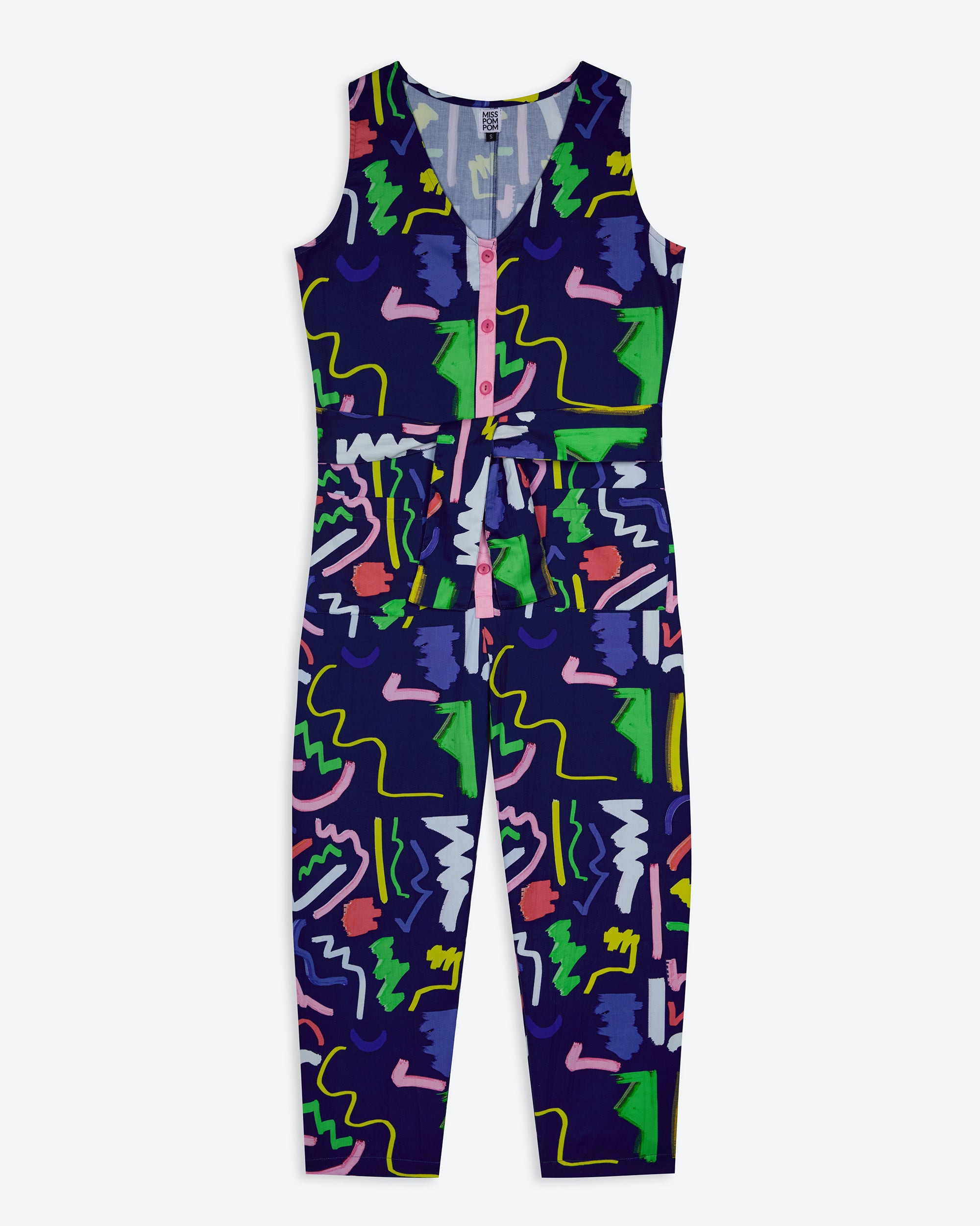Miss Pompom Navy Scribble Sunny Days Jumpsuit - Stylish Women's Romper for Summer Outings, Beach Vacations & Casual Wear
