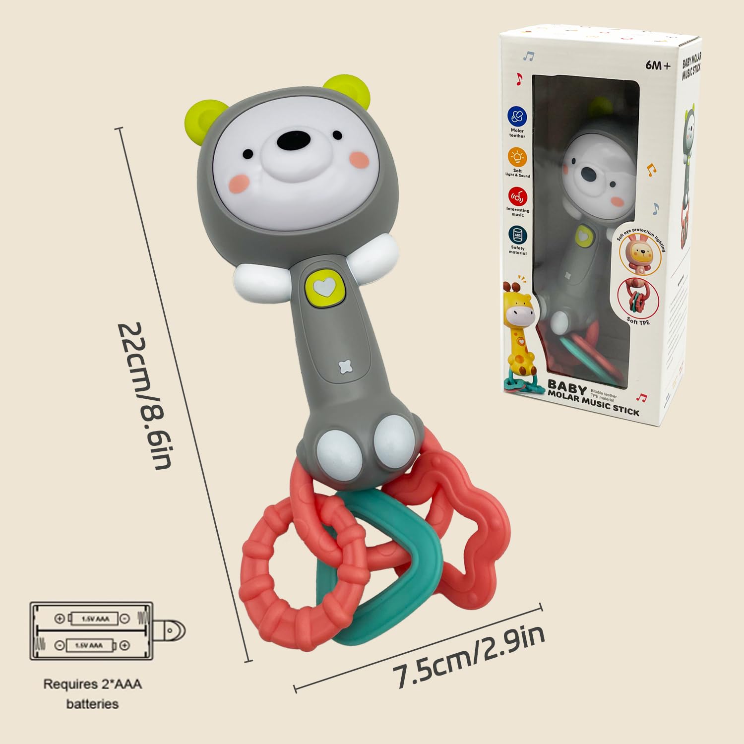 **Baby Music Rattle & Teething Toy for Infants 6-18 Months - Light-Up Chew Sensory Toy for Boys & Girls - Perfect Baby Shower Gift (Grizzlies) - Great for Soothing, Playtime & Early Development**