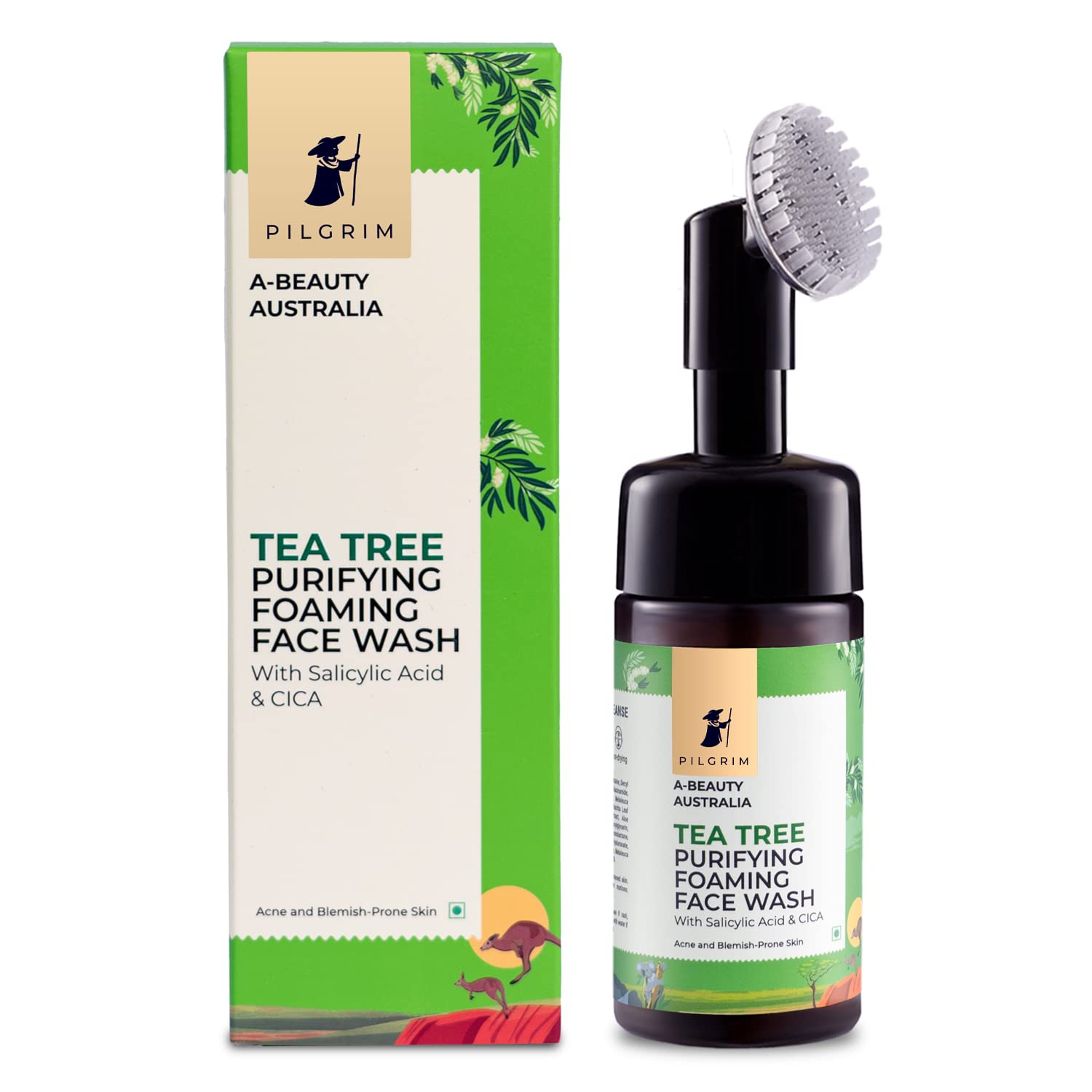 PILGRIM Australian Tea Tree & 1% Salicylic Acid Foaming Face Wash with Brush | Acne Treatment Cleanser for Oily Skin with CICA | Deep Pore Cleansing for Women & Men | 120ml | Daily Skincare Routine & Post-Workout Refresh