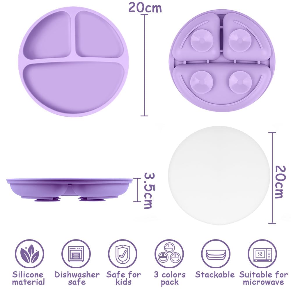 Vicloon 3-Piece Silicone Toddler Plates with Lids - BPA Free, Divided Suction Plates for Babies & Kids | Microwave & Dishwasher Safe | Perfect for Highchair, Travel & Mess-Free Meals