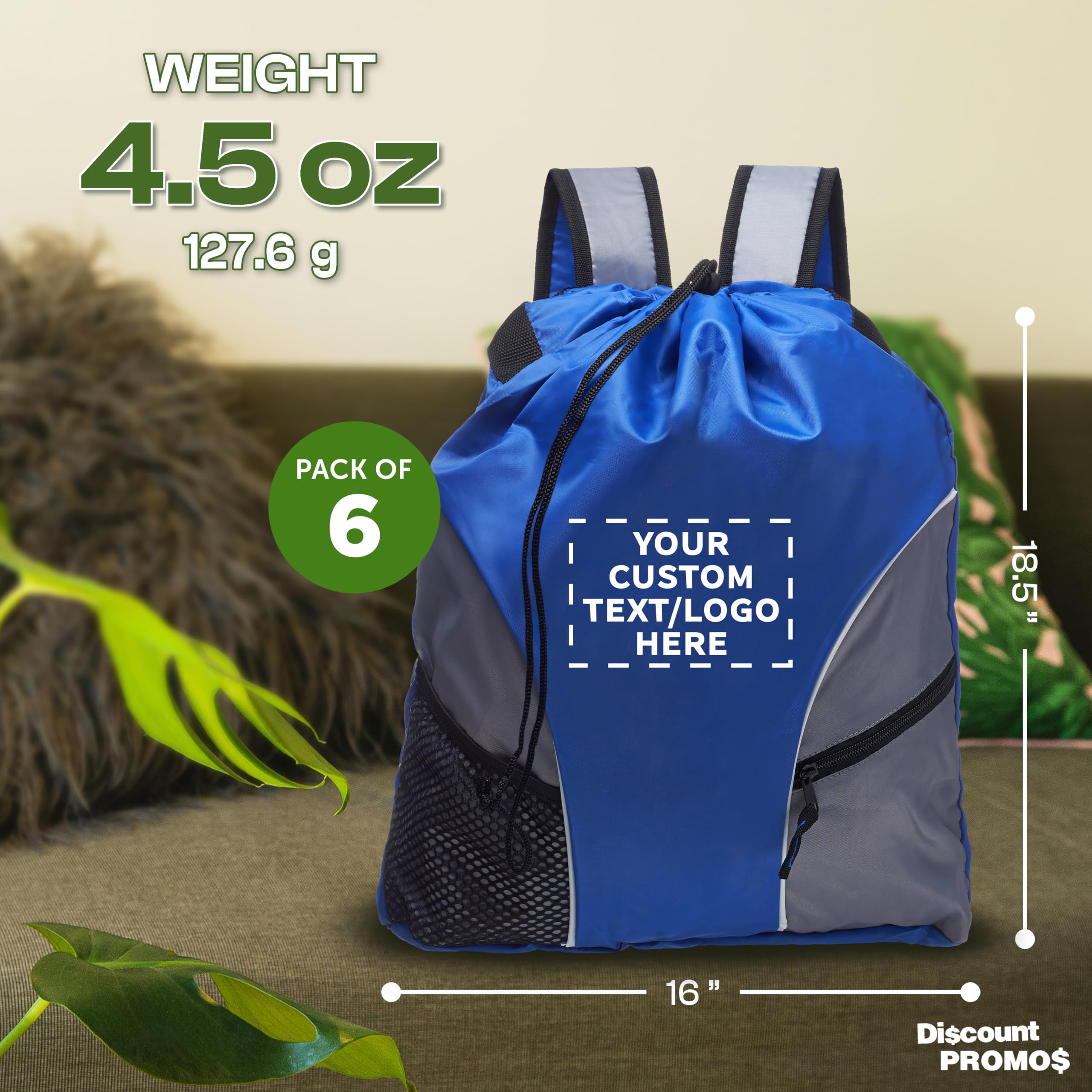 Custom Sporter 6-Pack Drawstring Backpacks - Personalized Bulk Cinch Bags for Gym, Travel & Sports - Lightweight Unisex Backpacks in Blue - Perfect for School, Workouts, Beach & Outdoor Activities