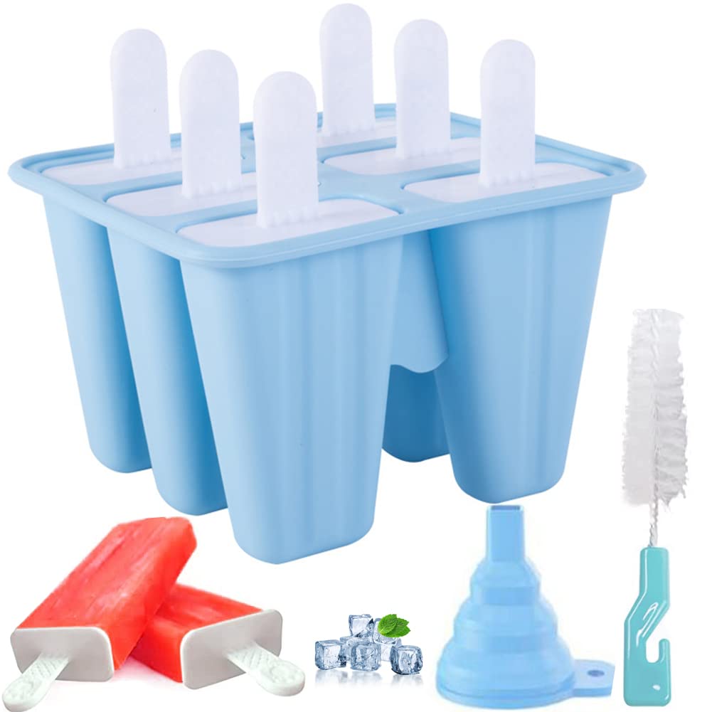 BPA-Free Silicone Popsicle Molds Set of 6 - Reusable Ice Pop Maker with Easy Release, Includes Cleaning Brush & Silicone Funnel (Blue) - Perfect for Homemade Frozen Treats, Summer Snacks, Kids Parties & Healthy Desserts