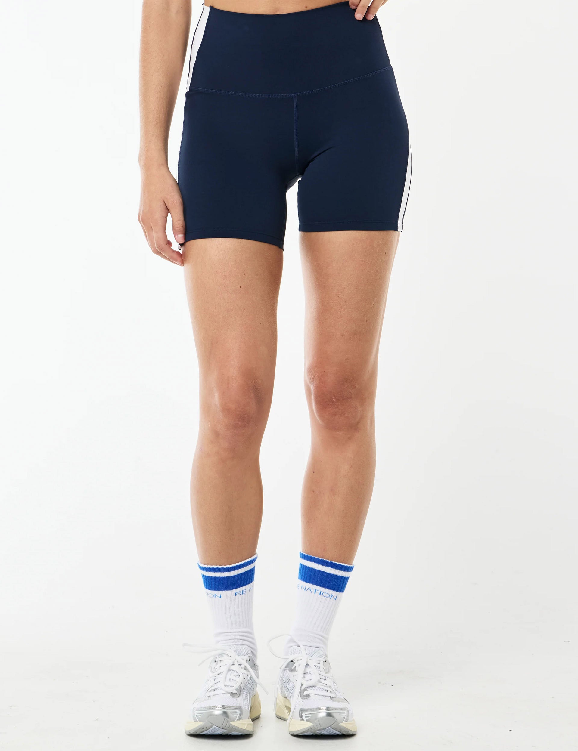 Highgate 5 Bike Shorts for Women - Dark Navy & Optic White - High Waist Cycling Shorts for Workout, Running, Yoga & Gym