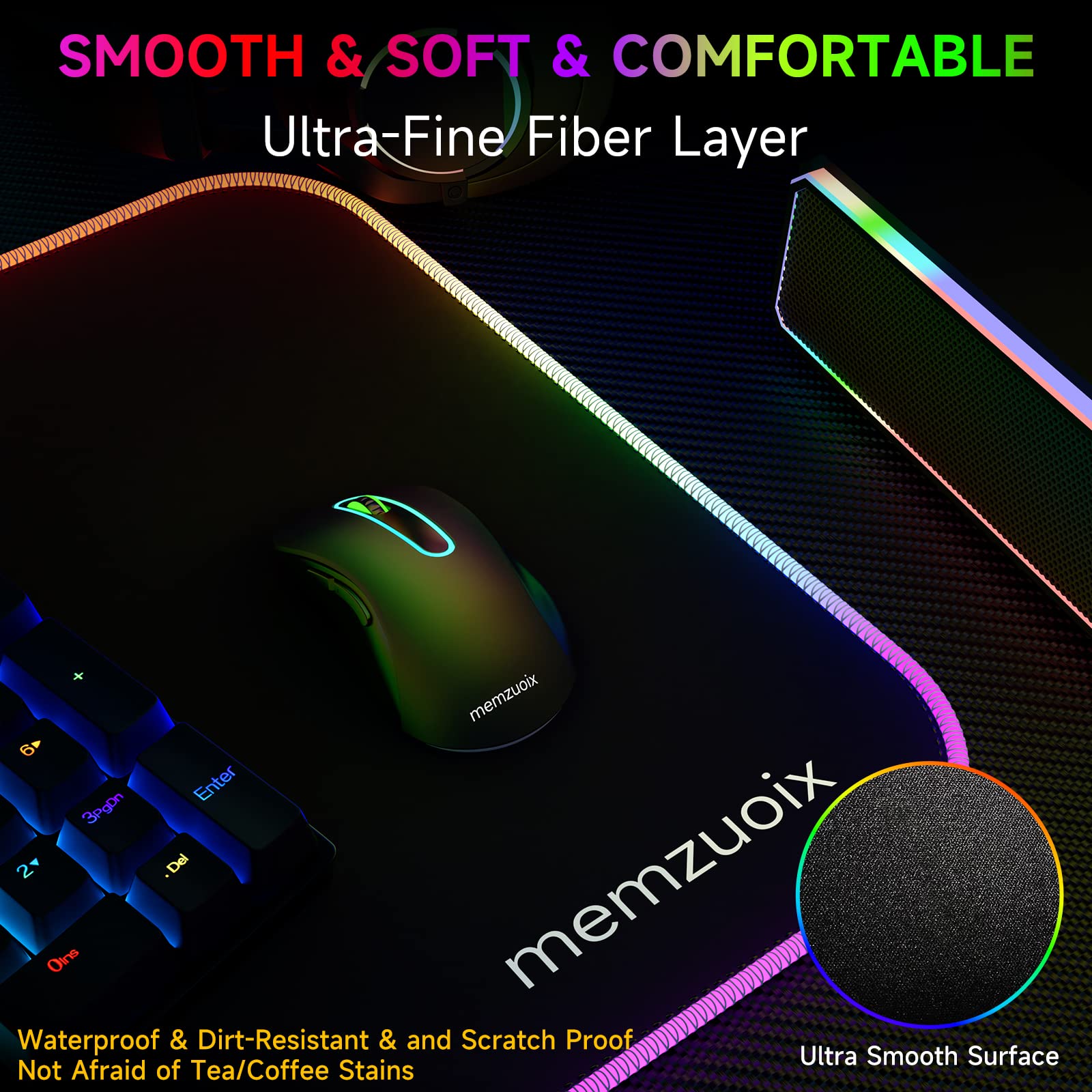 RGB Gaming Mouse Pad - Large 31.5x11.8 Inch LED Mousepad with 16 Lighting Modes, Anti-Slip Base, Waterproof & Stain Resistant - Perfect for PC Gaming, Office Work & Computer Setup (Black)