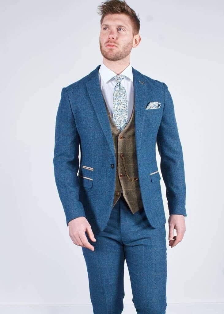 Vintage Blue Tweed Herringbone Wool 3-Piece Men's Tuxedo Suit Set - Jacket, Vest & Pants for Weddings, Prom & Formal Events