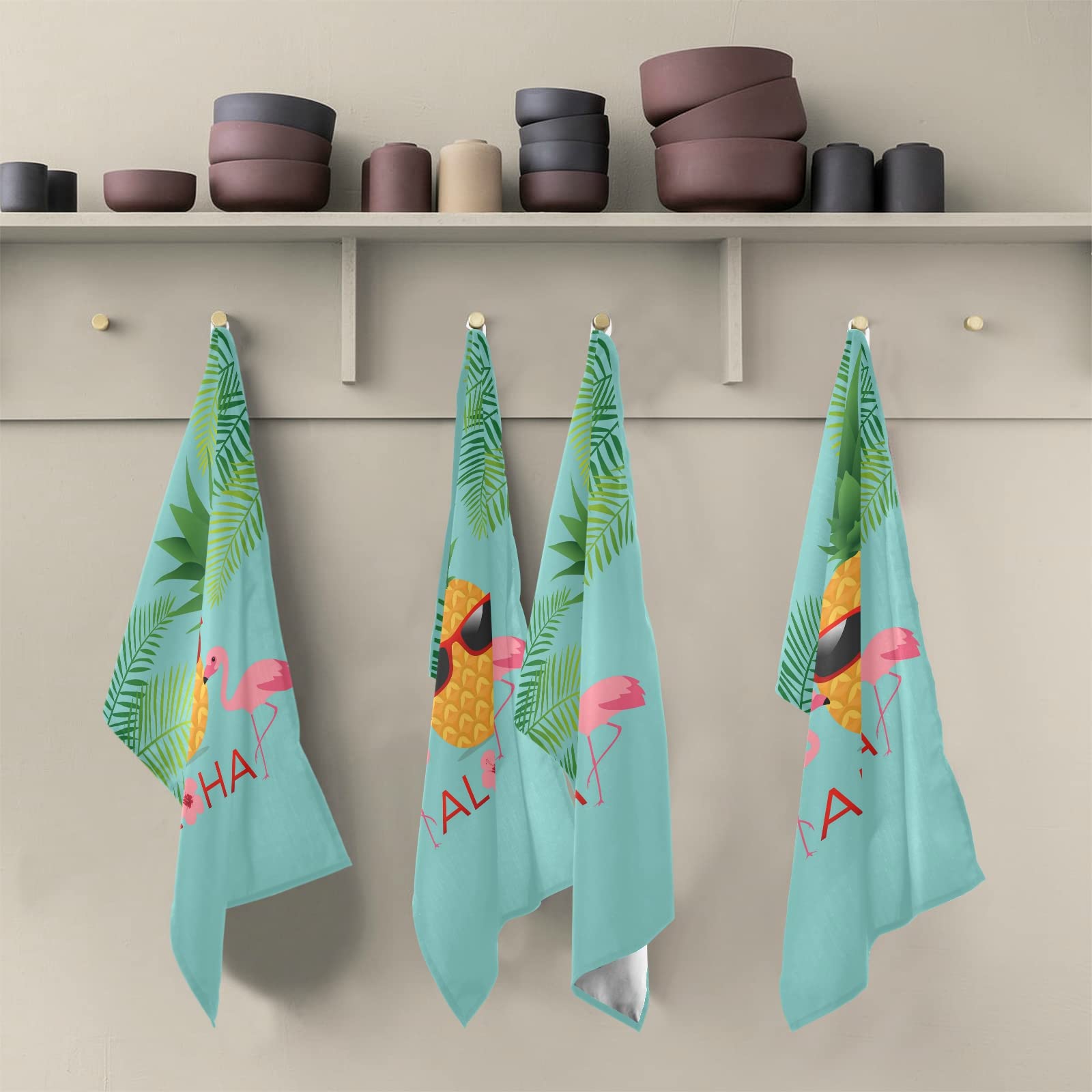 Aloha Two Pink Flamingos Green Palm Leaf Pineapple Set of 4 Polyester Kitchen Dish Towels - Hemmed Napkins, Waffle Dishcloths & Hand Bar Tea Towels with Hanging Loop for Hawaiian Themed Parties, Tropical Kitchen Decor & Summer Entertaining