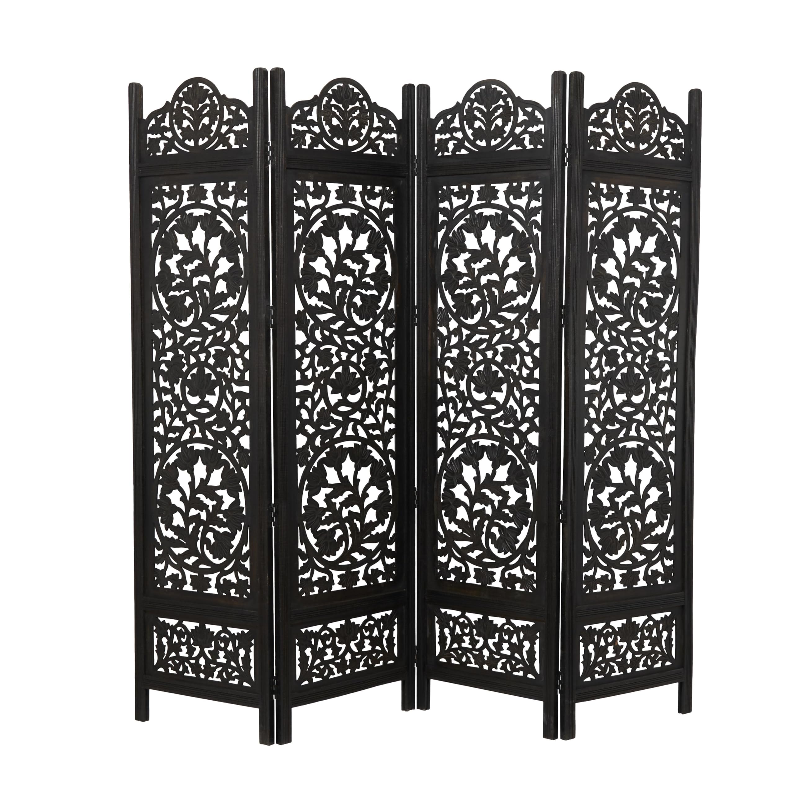 Deco 79 Handmade Wood Floral Room Divider Screen - 4 Panel Foldable Privacy Partition with Carved Design, 80
