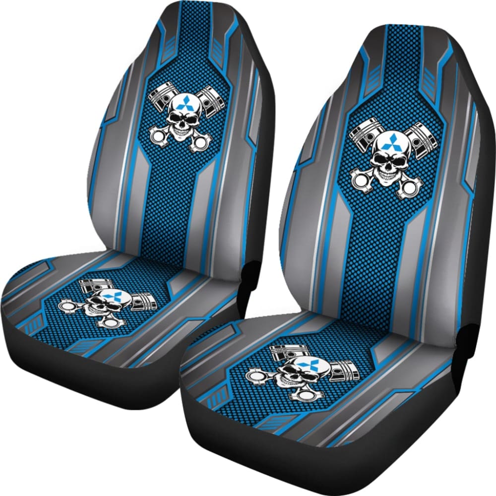 Premium Black & Blue Mechanic Skull Print Mitsubishi Car Seat Covers - Universal Fit for Most Models (210801) - Durable Protection for Daily Commute & Road Trips