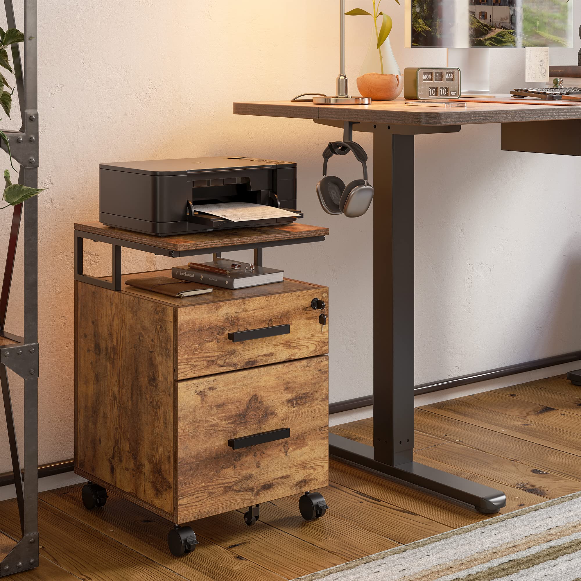 FEZIBO 2-Drawer Locking File Cabinet - Wooden Rolling Storage Cabinet for Home Office, Under Desk Organizer for A4 & Letter Size Documents, Printer Stand with Wheels, Rustic Brown - Perfect for Small Spaces & Workspace Organization