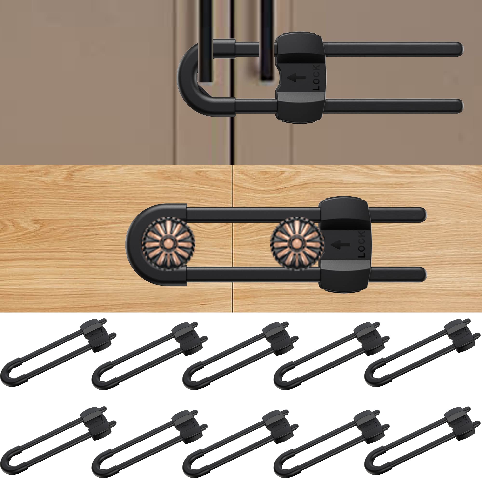 10-Pack Black U-Shaped Cabinet Locks - Child Safety Proofing Locks for Drawers, Wardrobes, Kitchen, Bathroom & Fridge (Adjustable for Doors, Knobs & Handles) - Perfect for Baby-Proofing Homes & Childcare Centers
