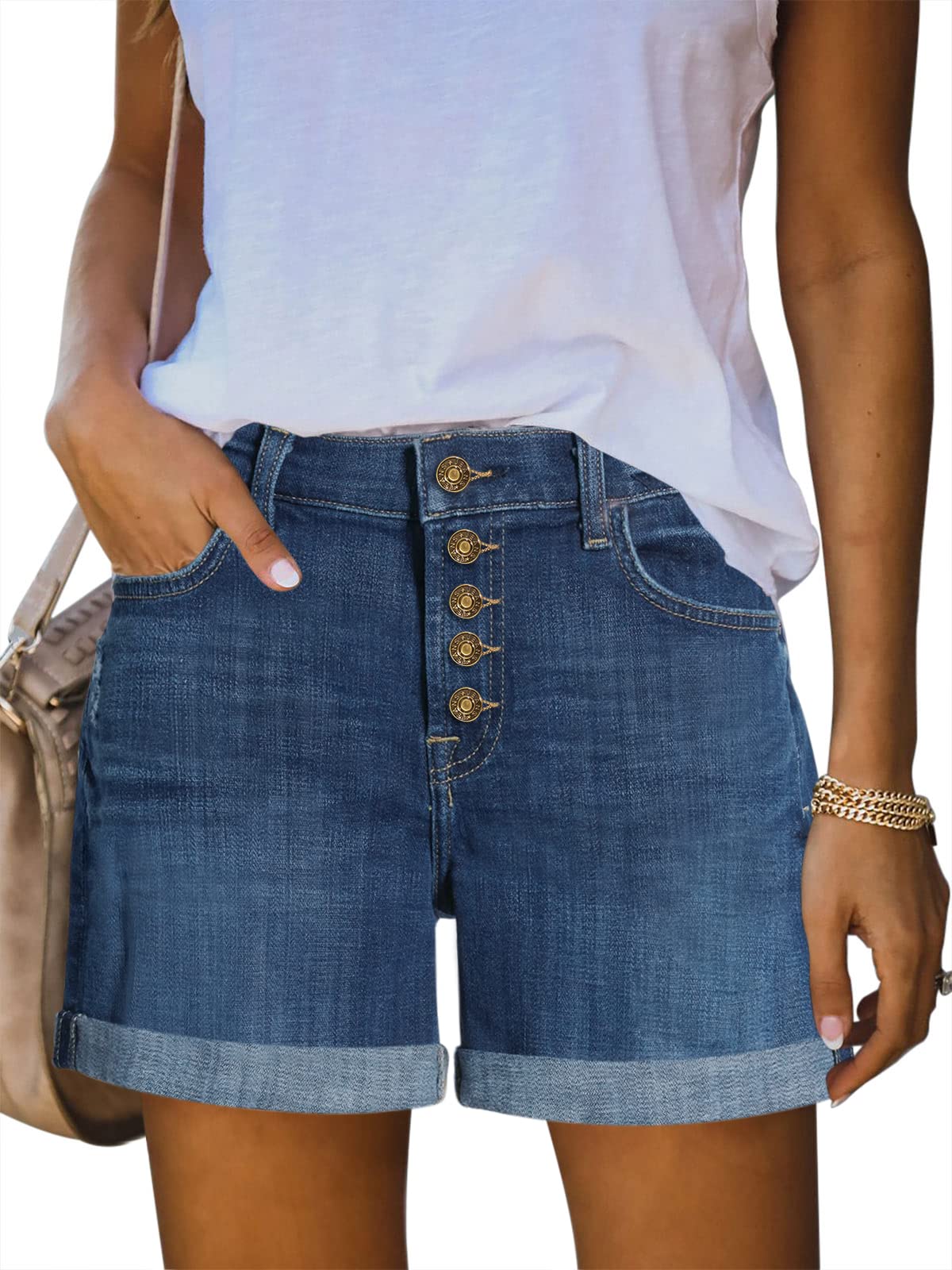 PINKMARCO Women's High Waisted Ripped Denim Shorts - Distressed Casual Jean Shorts with Pockets & Folded Hem | Perfect for Summer Outfits, Beach Vacations and Street Style Fashion
