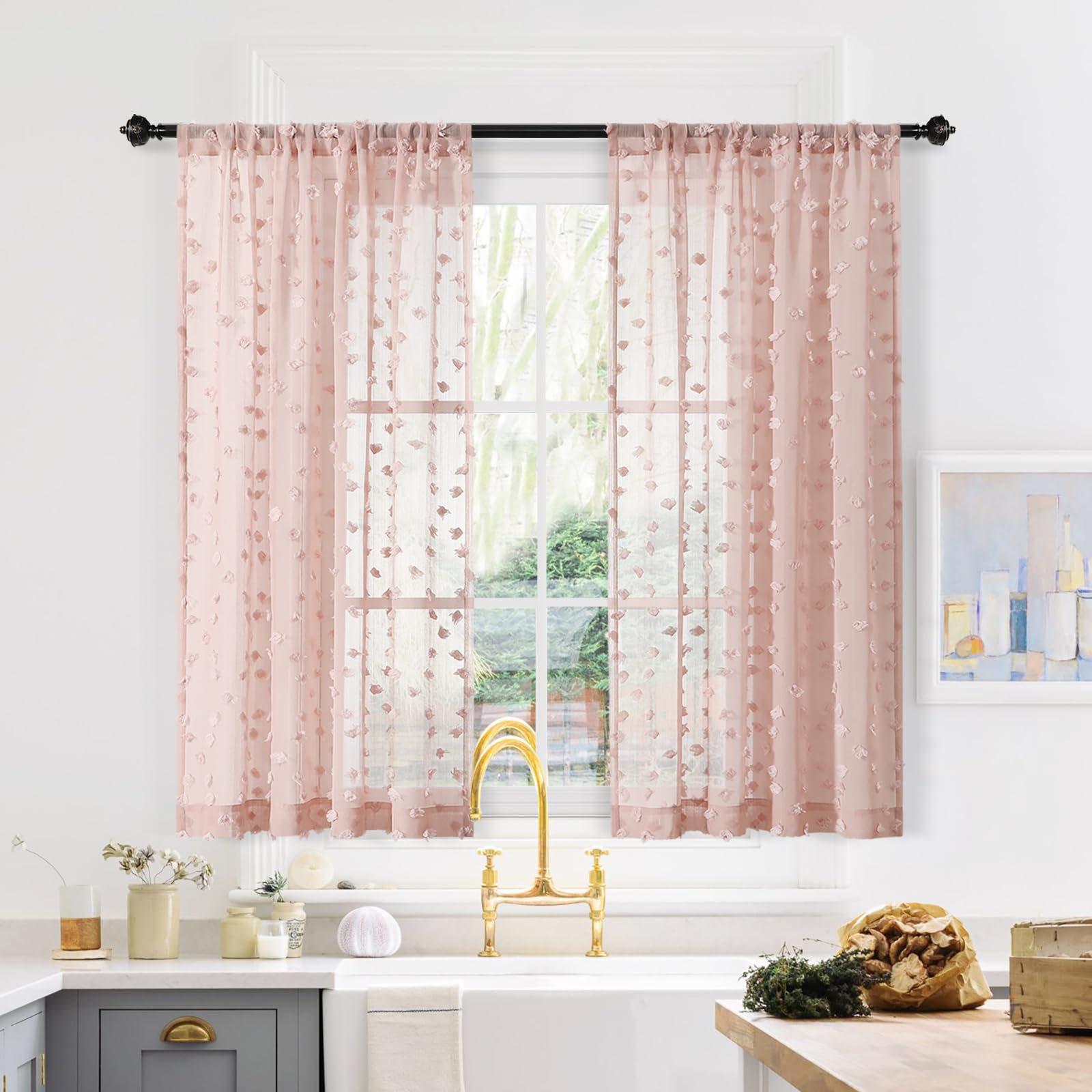 MYSKY HOME 45 Inch Sheer Curtains with Pom Pom Trim - 2 Panels Dusty Pink Light Filtering Window Treatments for Small Windows, Bathroom, Girls Bedroom & Nursery - Boho Decor Rod Pocket Curtains (52 Inch Width) - Perfect for Kids Rooms, Dorm Windows & Cozy Home Decor