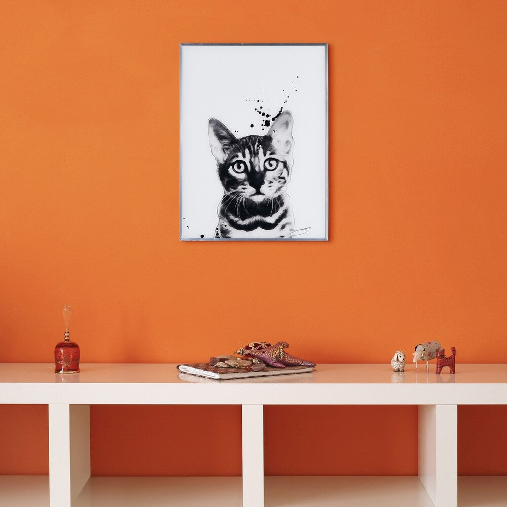 Bengal Cat Black and White Dog Wall Art - Reverse Printed Glass with Gunmetal Frame | Modern Home Decor for Living Room, Bedroom & Office